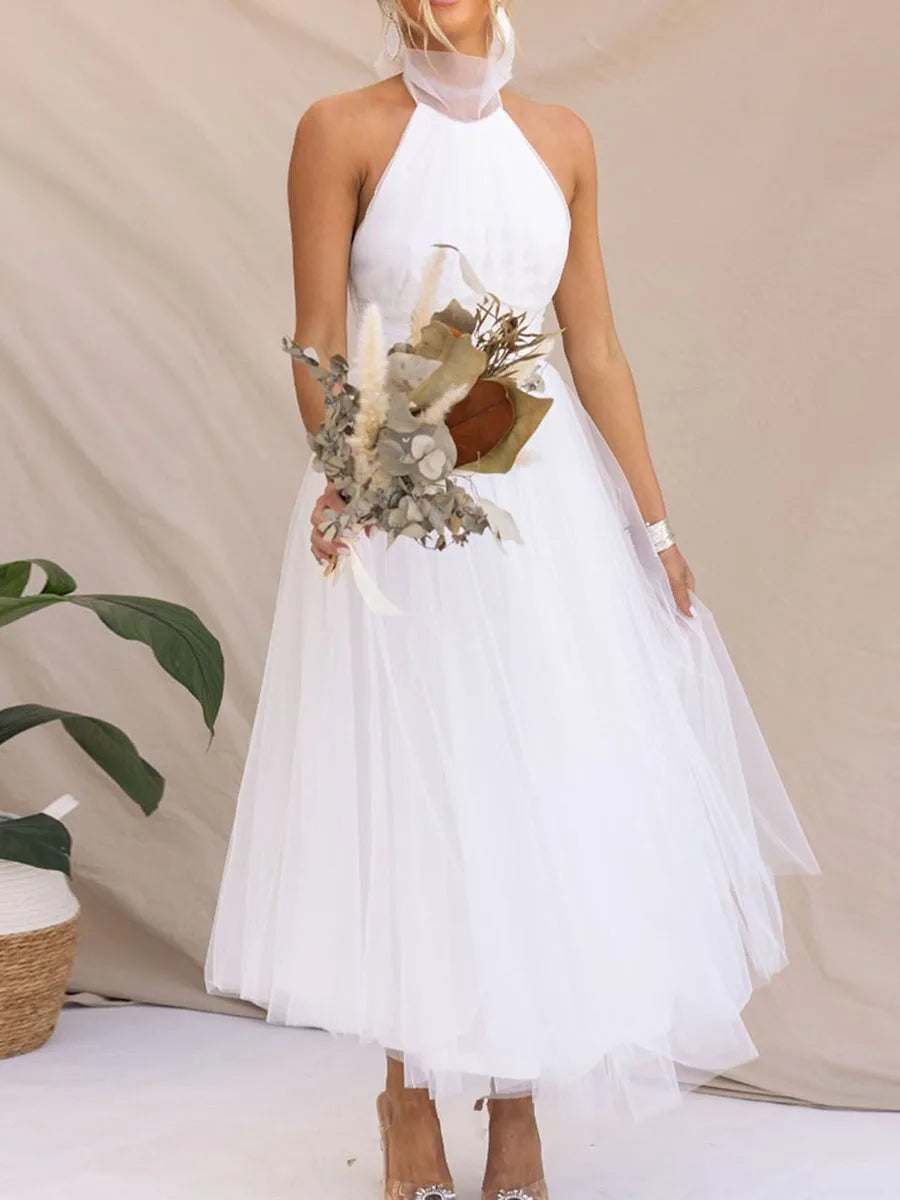 Women’s Backless Long Dress Adjustable Tie Halter Neck Tulle High Waist Solid Party Wedding Dress