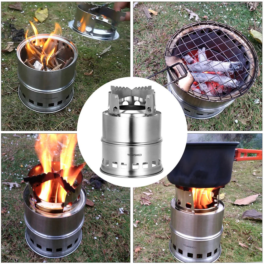 Upgrade Camping Stove & Backpacking Stove with Wood Ash Plate & Foldable Handle , Portable Folding Windproof Wood Burning Stove