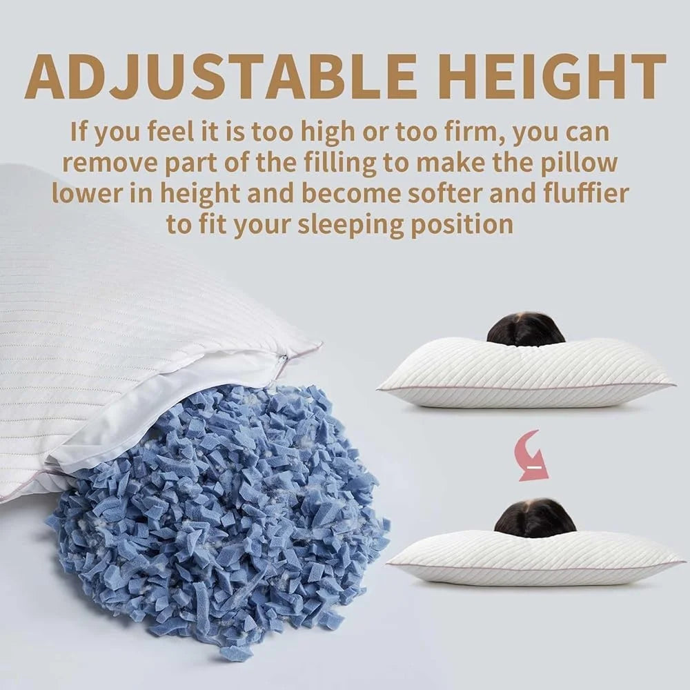 Cooling Shredded Memory Foam Pillow Set of 2 King Size Adjustable Support Back Stomach Side Sleepers Travel Sleep Comfort