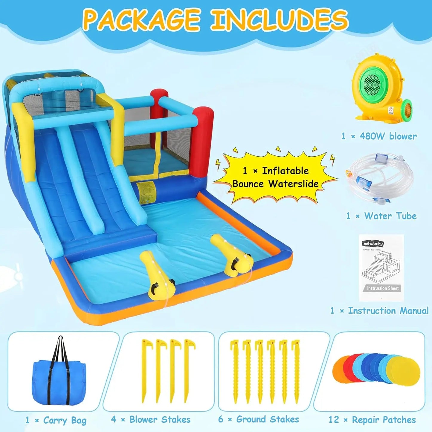 Bounce House with Double Water Slide for Kids Backyard w/Blower, 12x10x6.5 FT Jump and Slide Inflatable Water Park w/ 2 Slides,