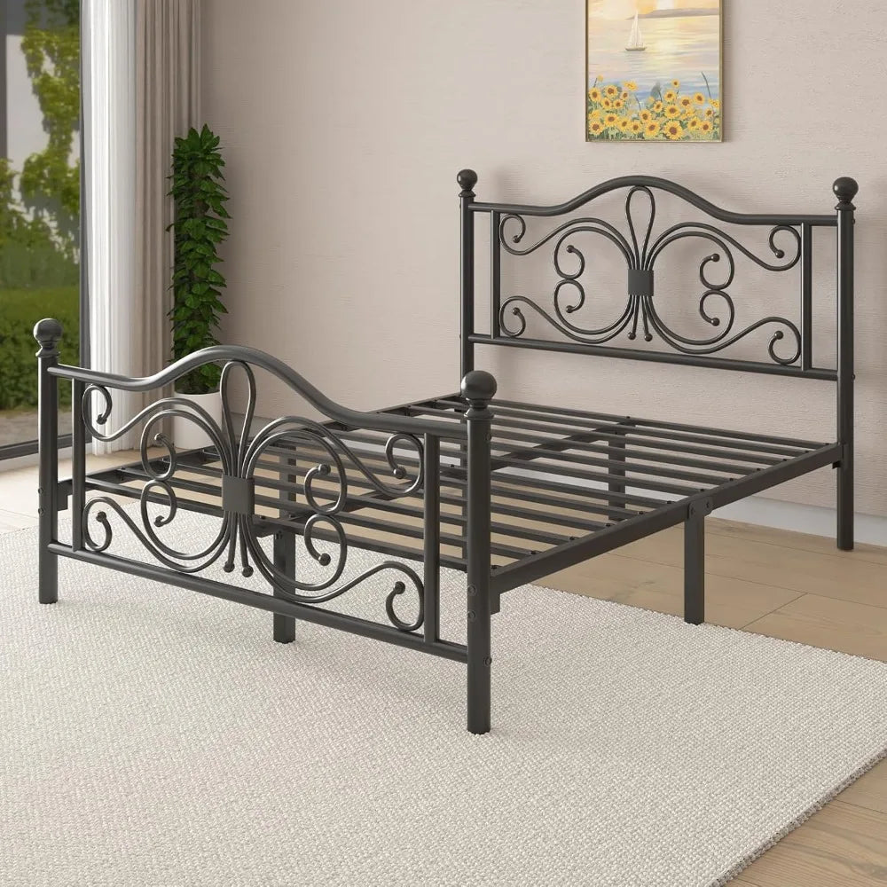 Queen size frame/metal platform bed with butterfly pattern design headboard and footboard