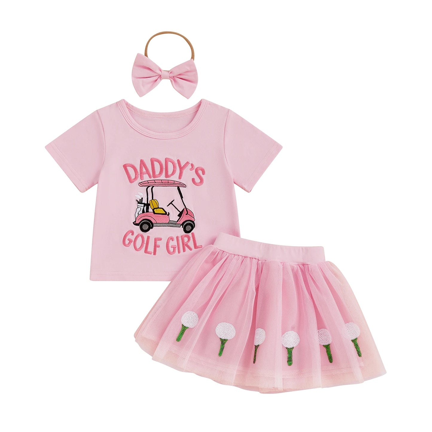 Toddler Girls Summer Sets Letter Golf Cart Embroidered Short Sleeve Round Neck Tops Golf Tulle Skirt with Headband