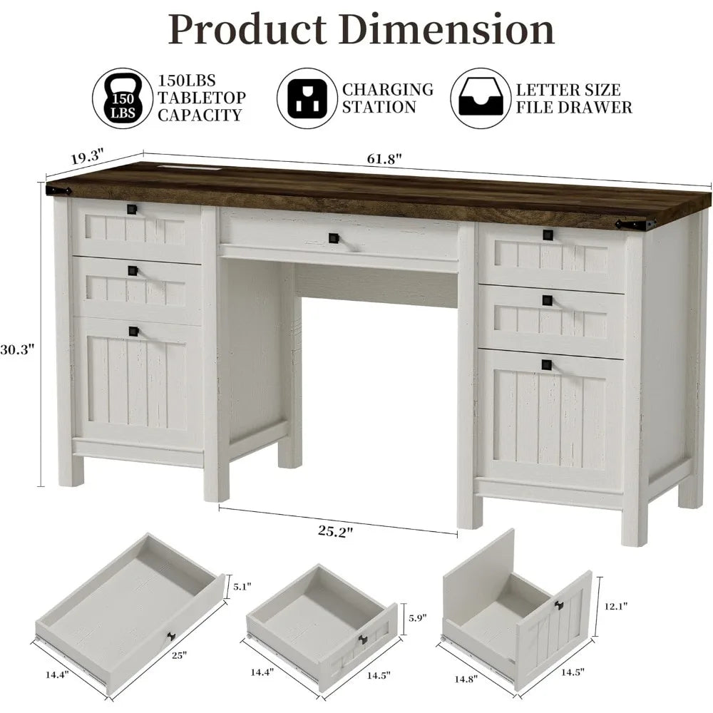 Executive Desk, Modern Farmhouse Computer Desk with Drawers & Cabinet, Home Office Desk for Work Study Writing Workspace (White,
