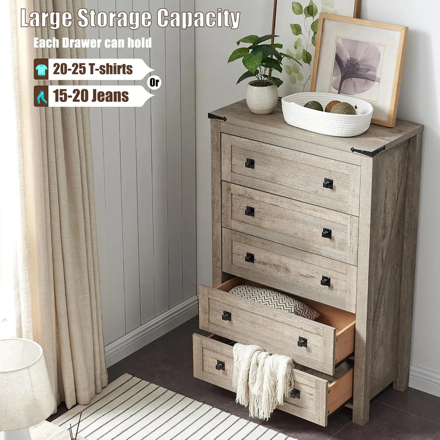 Farmhouse 5 Drawers Dresser Chests for Bedroom, Wood Rustic Tall Chset of Drawers,Dressers Organizer for Bedroom