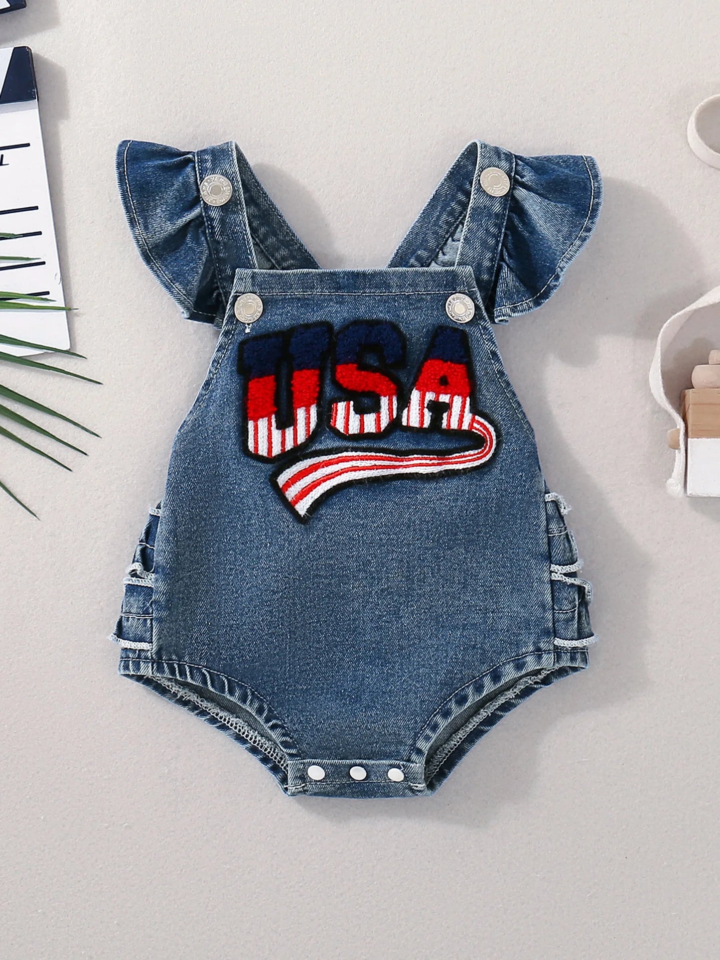 Toddler Boys American Flag Romper Short Sleeve Jumpsuit with Matching Headband Set Independence Day Outfit for Kids