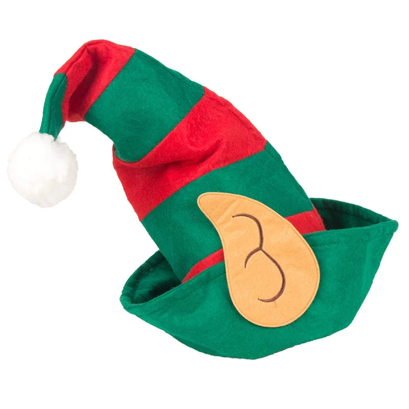 Red Green Striped Hat With White Pom Elf Ears Adults Soft Non-Woven Christmas Elf Hat For Most People Navidad Xmas Ornaments
