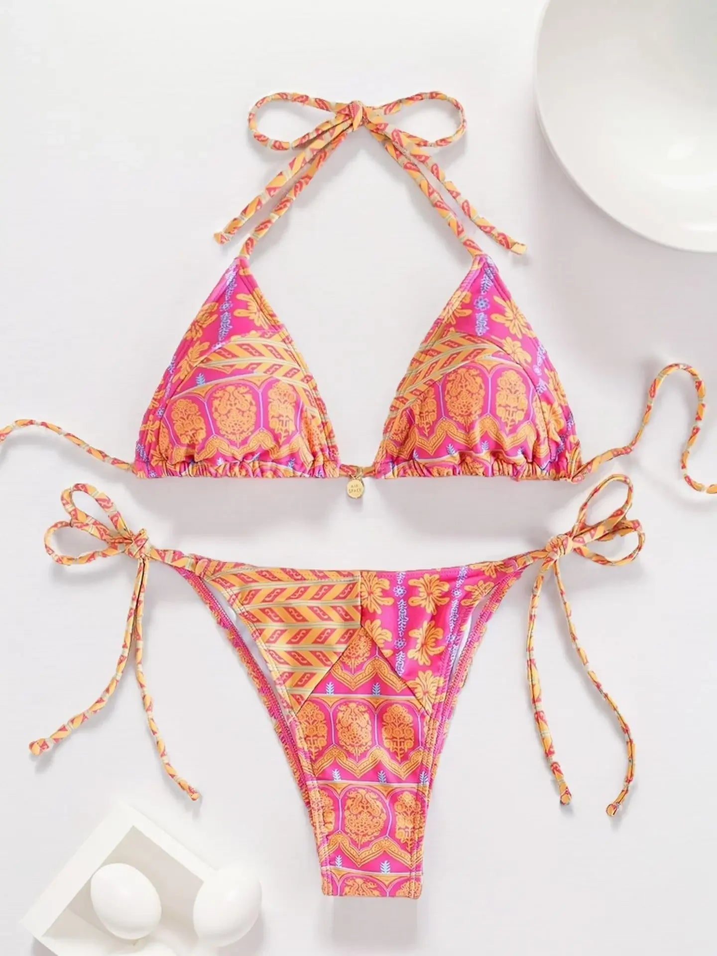 2025 New Summer Swimwear Bikini Set Sexy Print Backless Bikini 2 Piece Set Women Laced Up Split Swimsuit High Waist Beach Bikini