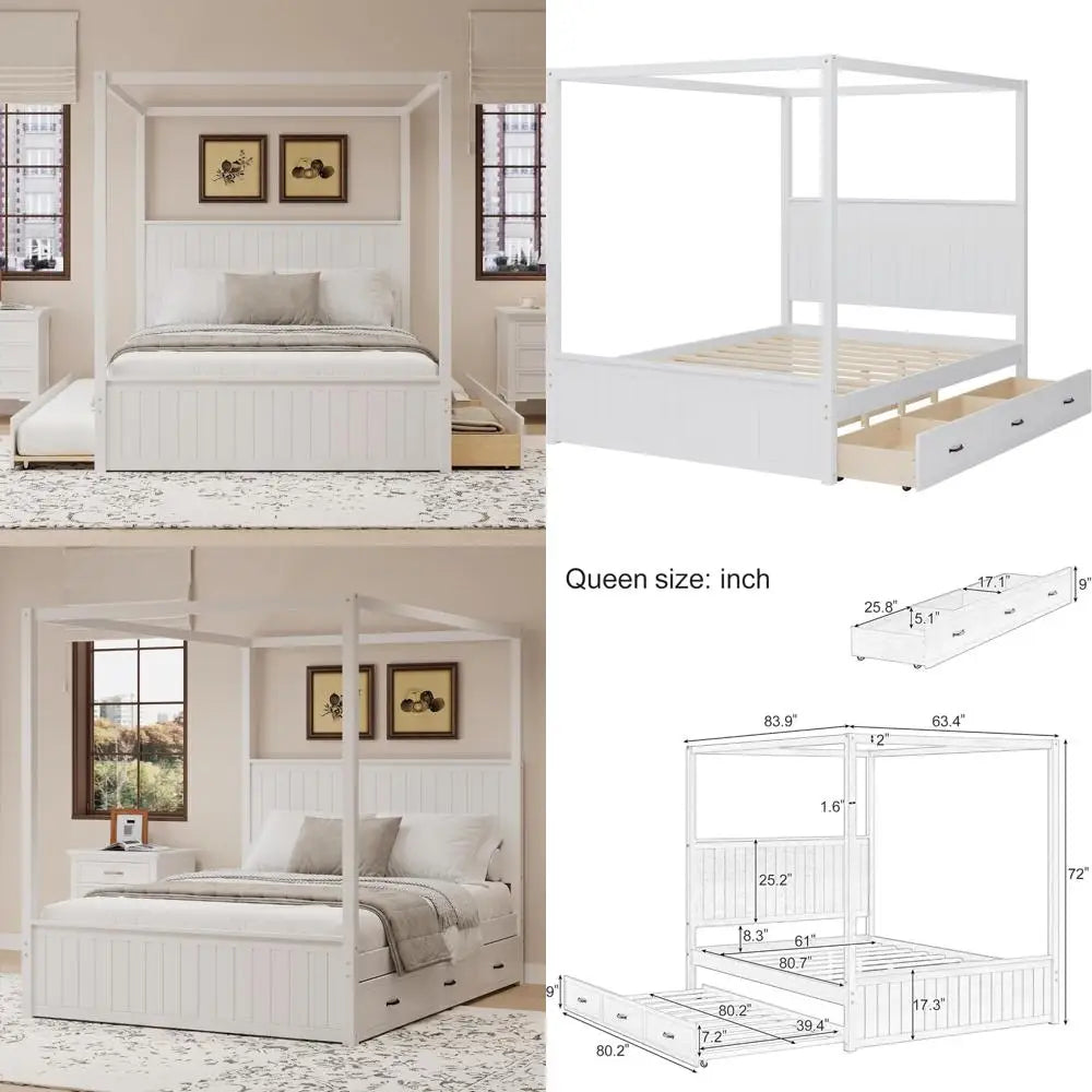 SOFTSEA Queen Size Canopy Platform Bed with Storage Drawers & Trundle, Solid Wood 4-Post Platform Bed Frame with Wood Headboard