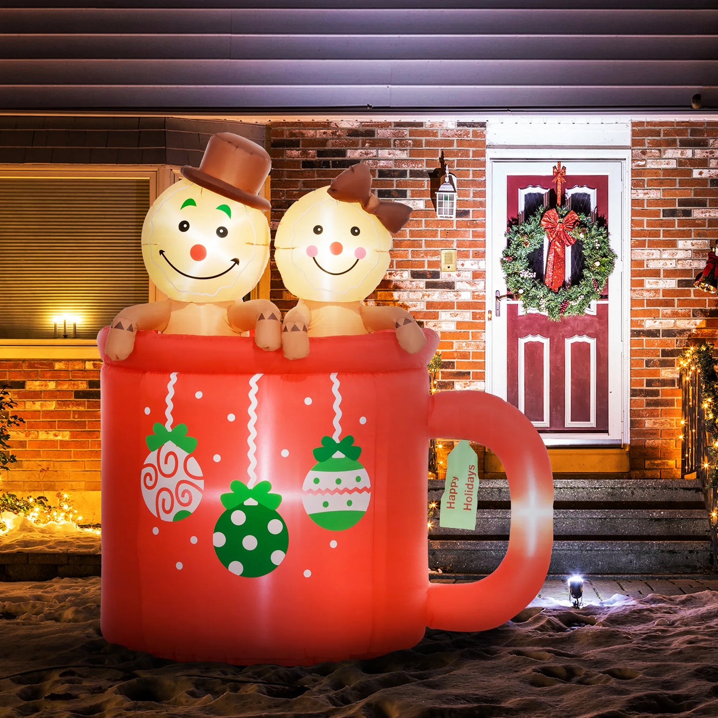 Outsunny 6' Christmas Inflatable Gingerbread Couple in Mug with Led Lights