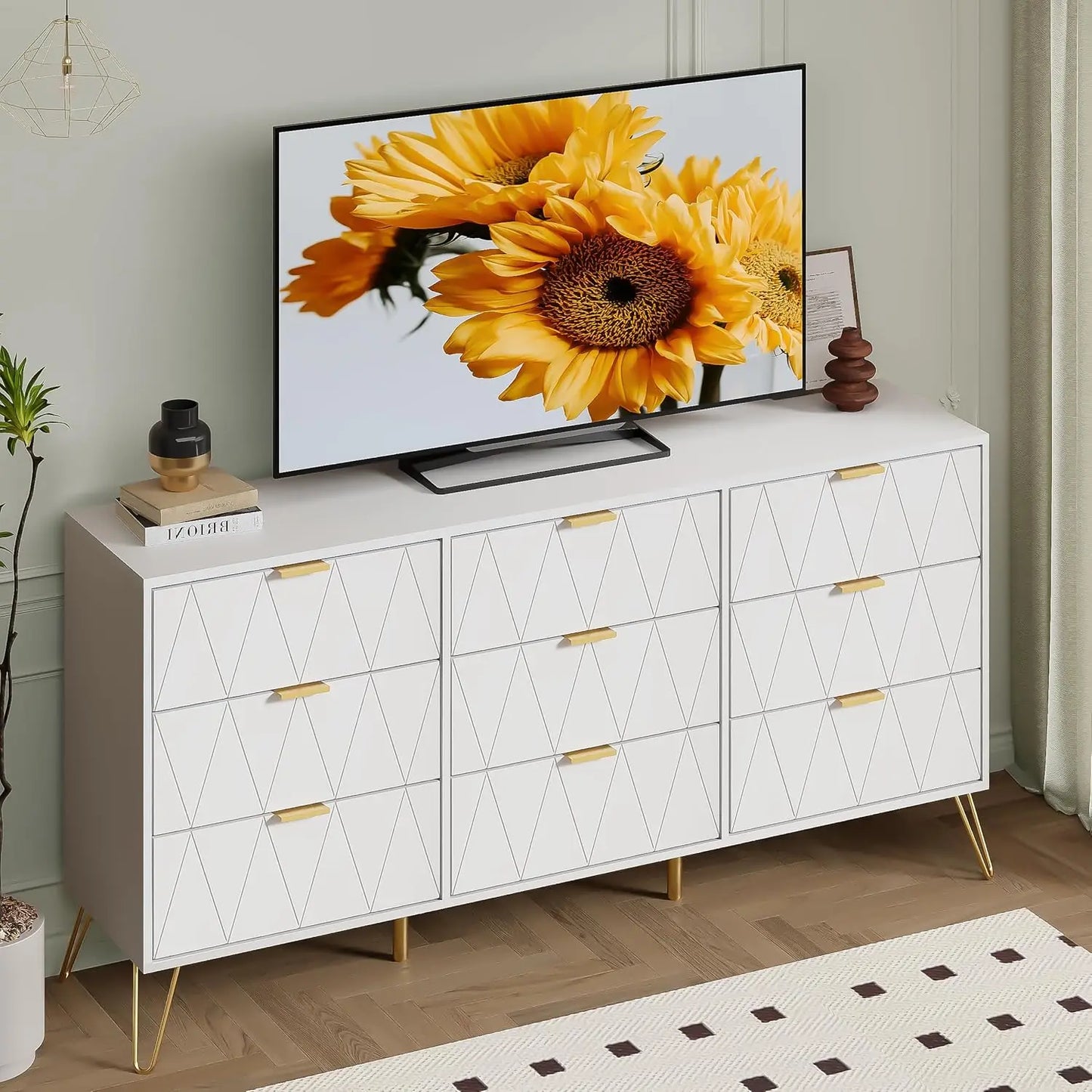 9 Drawer Dresser Navy with Gold Handles for Bedroom, Chest of Drawers & Long Dresser with Deep Drawers, Modern Wood Dressers