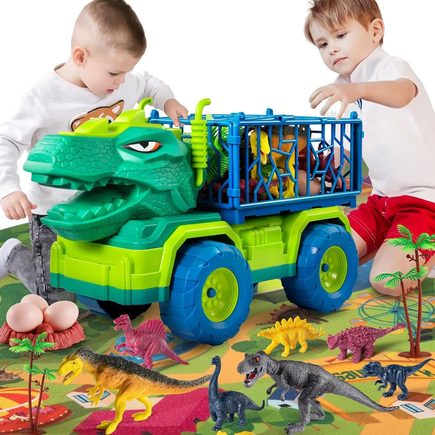 Dinosaur Truck Kids Toys With Play Mat Animal Model Engineering Car Excavator Dump Truck Game Diy Cars Toys Birthday Gifts Boys