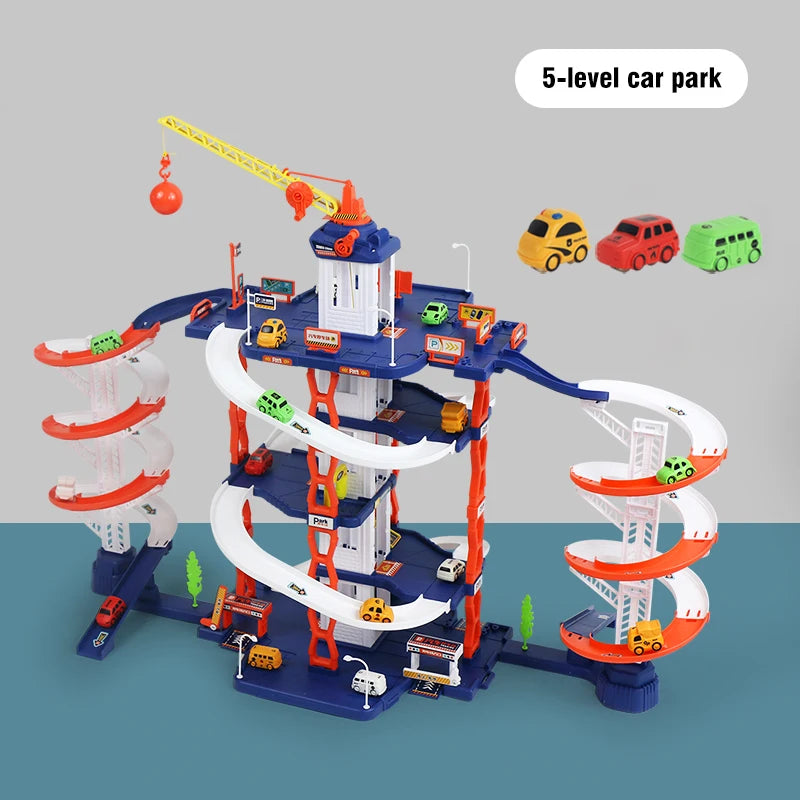 Children's Rail City Parking Building Double Slide Car DIY Construction Track Parking Lot Puzzle Splicing Kids Toys Boys Game