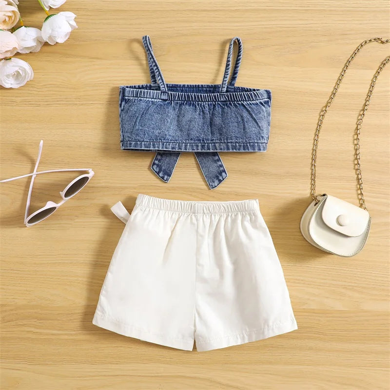Summer Kids Girls Outfit Solid Color Sleeveless Bow Denim Camisole and Elastic Casual Skirt Shorts Clothes Set
