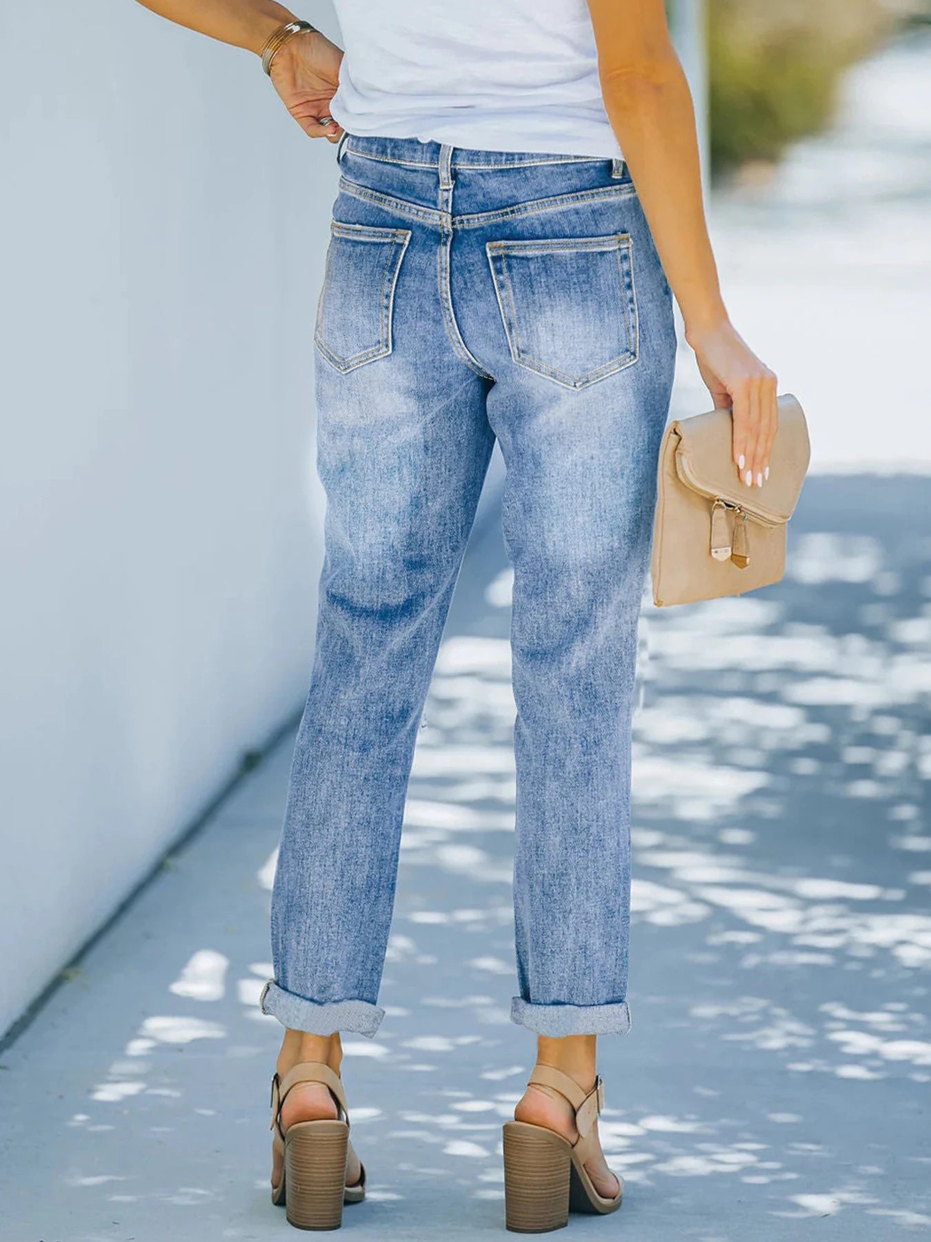 2025 New Women's Mid-Waist Elastic Straight Jeans Functional Bag Street Style Machine Washable Casual Clothing