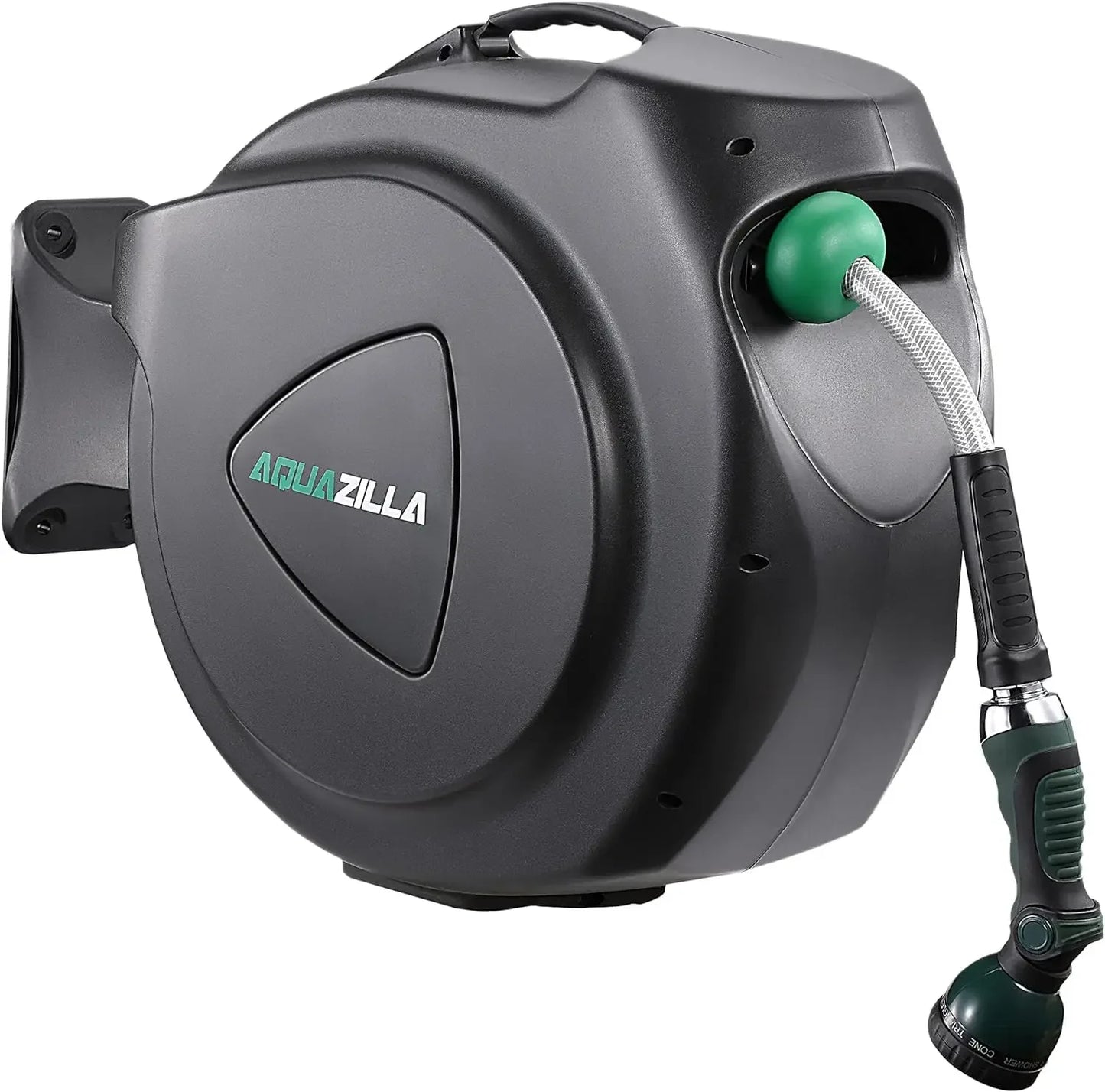 A Retractable Garden Hose Reel, 100Ft x 5/8" Durable Wall Mounted Water Hose Reel with 180° Swivel Bracket, 9 Pattern Sprayer,