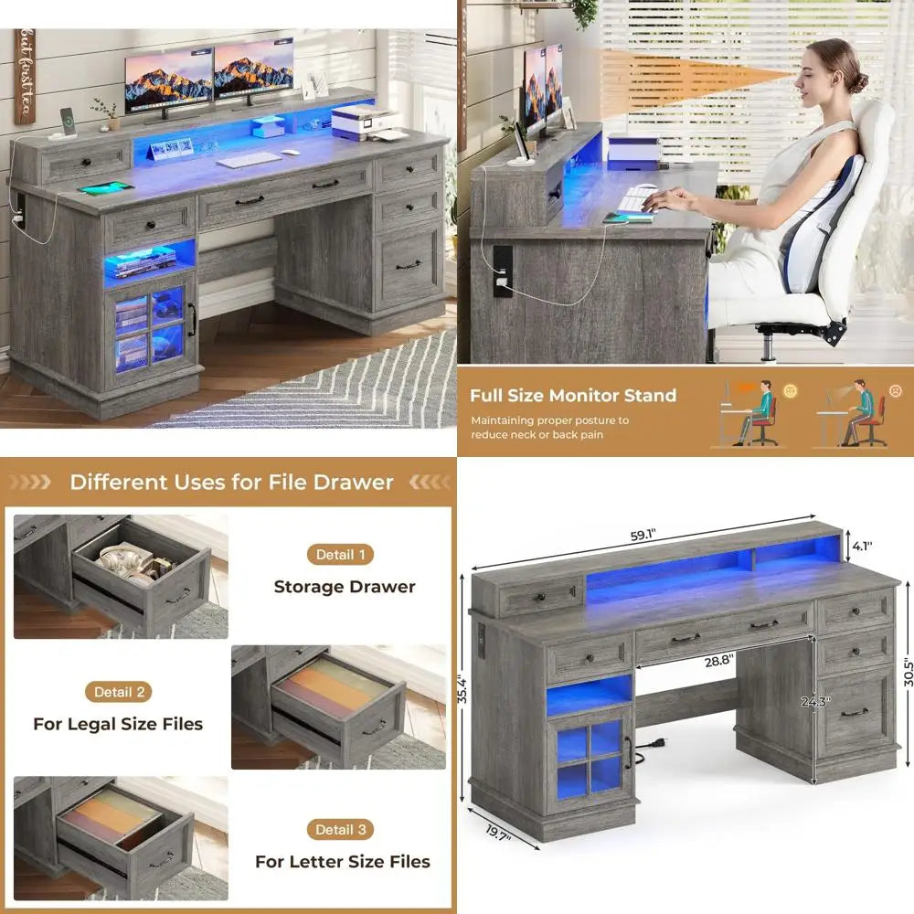 Elegant Farmhouse-Style Office Desk with File Cabinet, Computer Workstation featuring Charging Dock and LED Lighting, Complete H