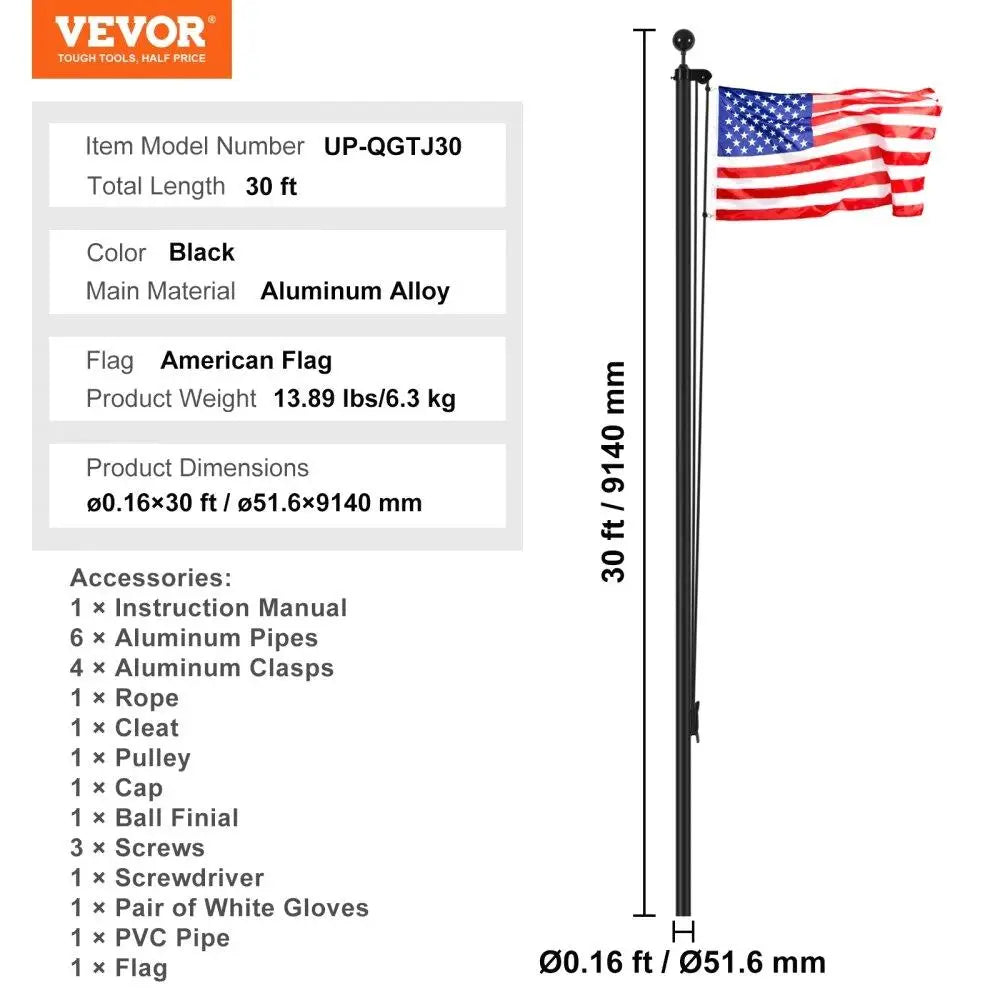 30FT Heavy Duty Aluminum Detachable Flagpole Kit Black American Flag Display