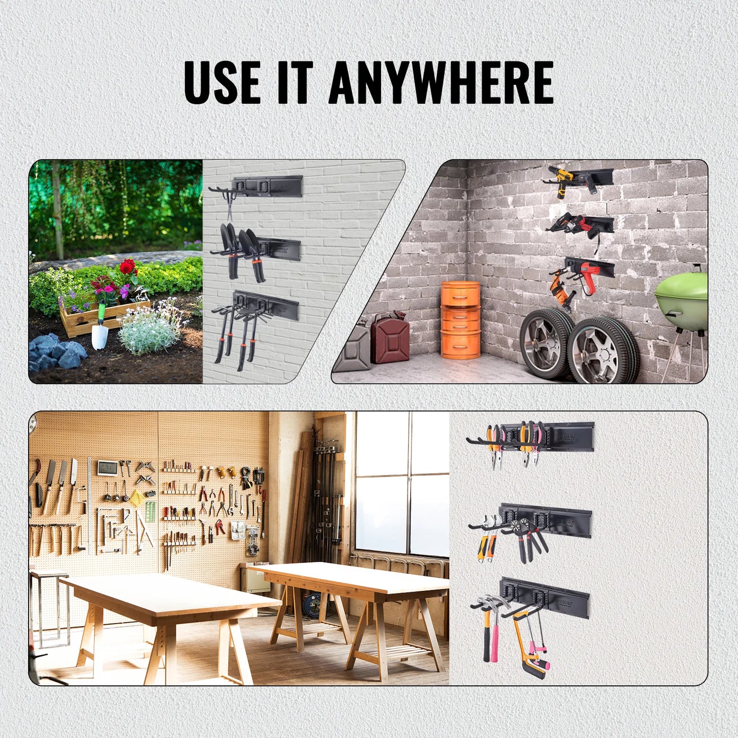 SucceBuy Garage Tool Organizer Wall Mount Yard Garden Heavy Duty Storage Rack W/ Adjustable Hook Rails for Shovels Trimmers Hose