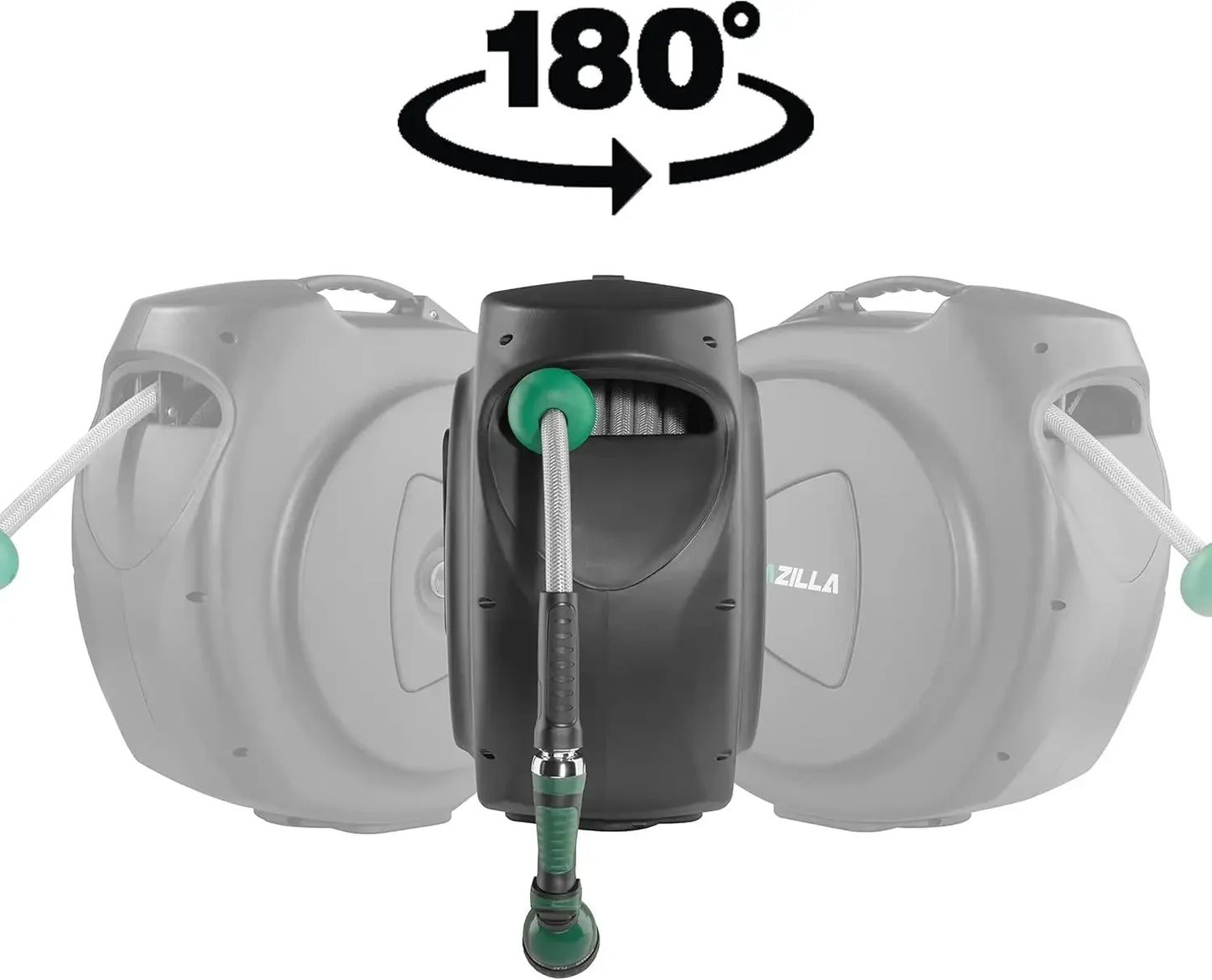 A Retractable Garden Hose Reel, 100Ft x 5/8" Durable Wall Mounted Water Hose Reel with 180° Swivel Bracket, 9 Pattern Sprayer,