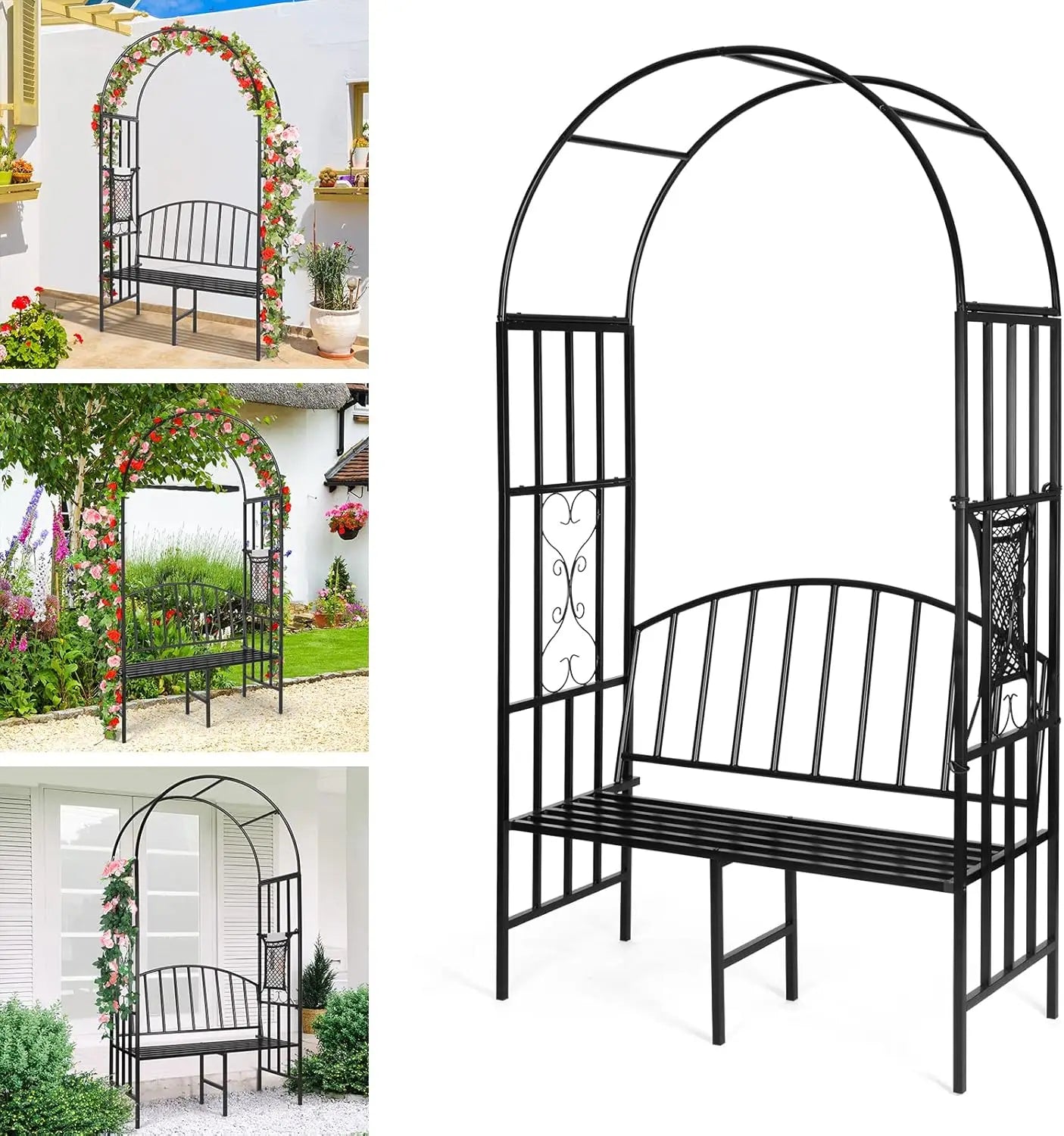 Garden Arch Heavy Duty (Holds 660lbs-250kg) | Metal Arbor Archway for Climbing Plant & Two People Seat Bench |Outdoor