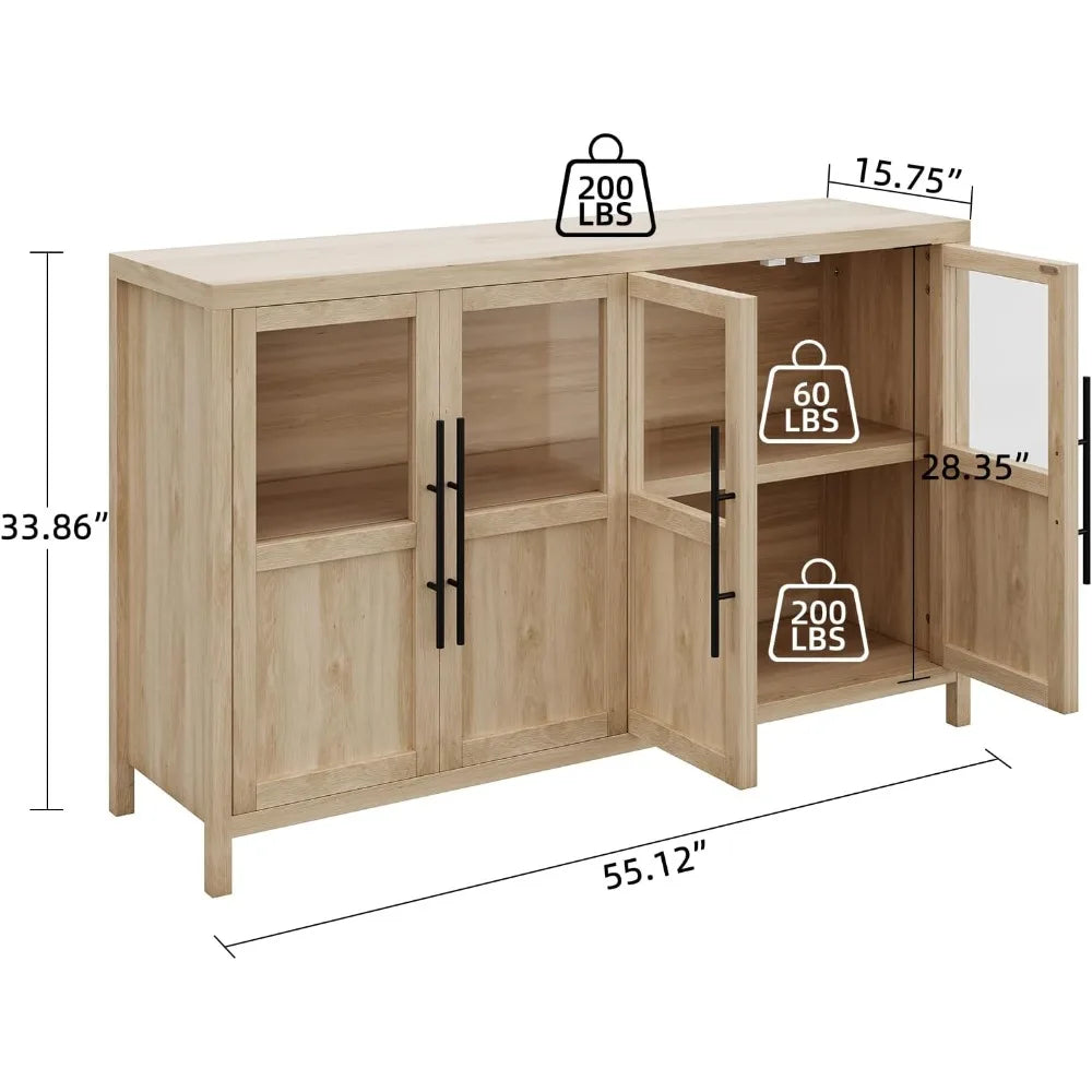 Sideboard Buffet Cabinet with 4 Glass Doors, 55" Large Buffet Cabinet with Storage, Modern Farmhouse Storage Cabinet