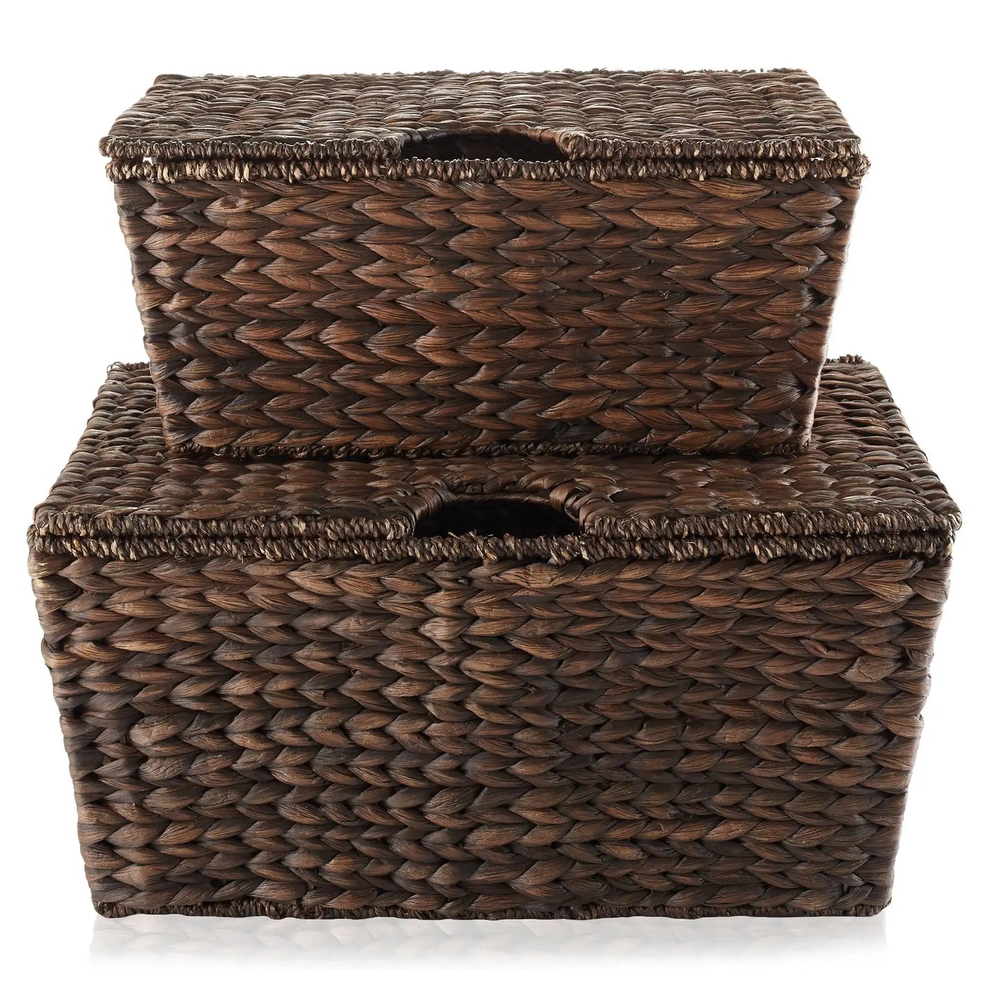 Set of 2 Water Hyacinth Storage Baskets (Medium/Large), Multipurpose Organizer Totes with Tapered Bottoms and Removable Lids