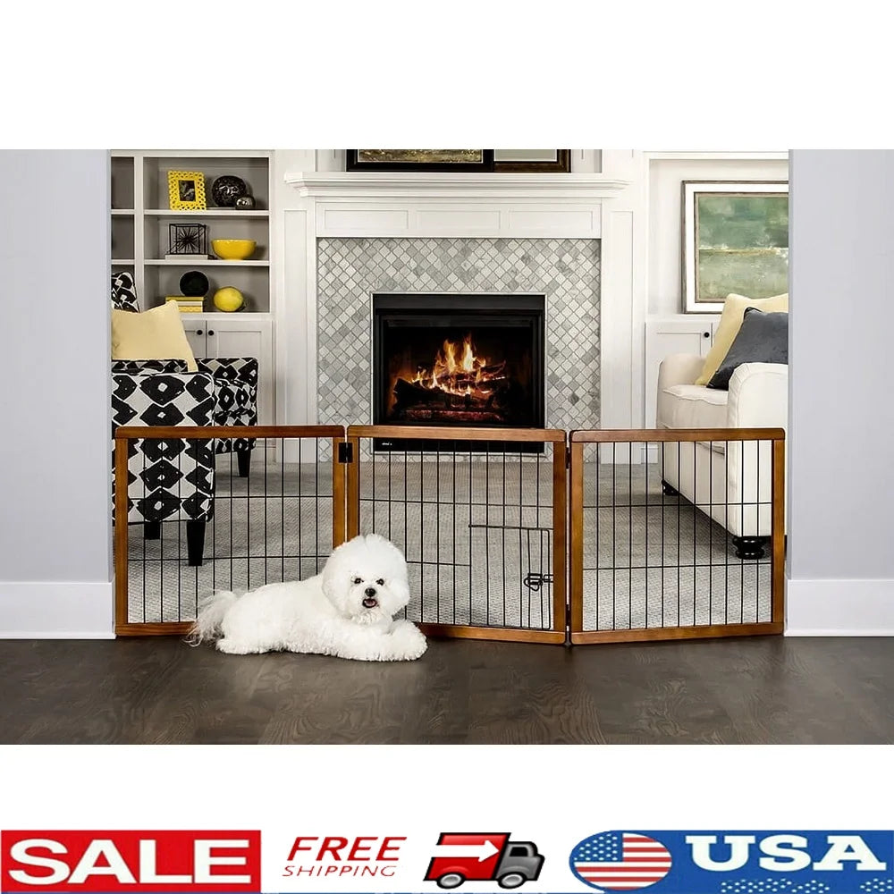 3 Panel Wooden Pet Gate Freestanding Dog Barrier with Small Door Adjustable Expandable Indoor Use Easy Setup Child Safety
