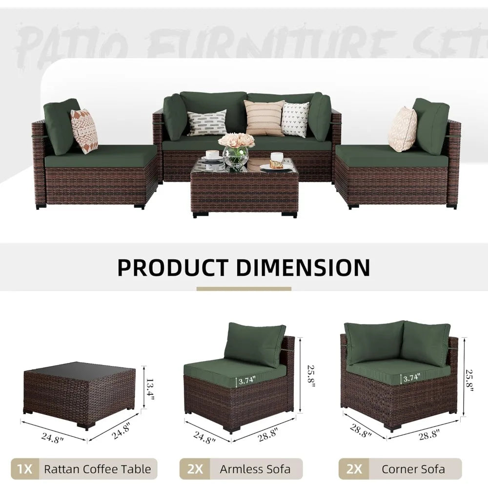 5 Pieces Patio Furniture Sets, Wicker Conversation Couch for Decks, Backyards, Gardens, Brown Rattan, Outdoor Sectional Sofa