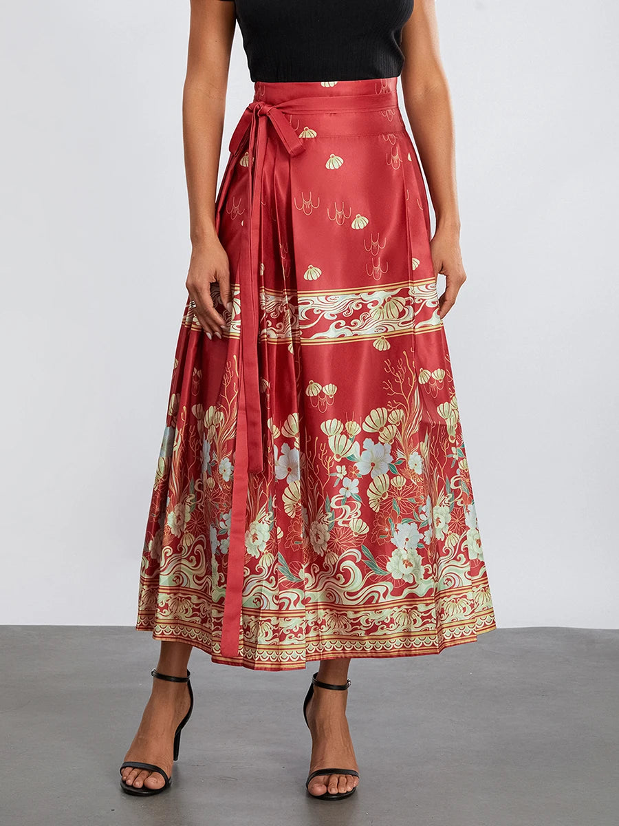 Women s Horse Face Skirt Elegant Phoenix Character Flower Print Pleated Tie Up A-Line Long Swing Skirt National Clothing