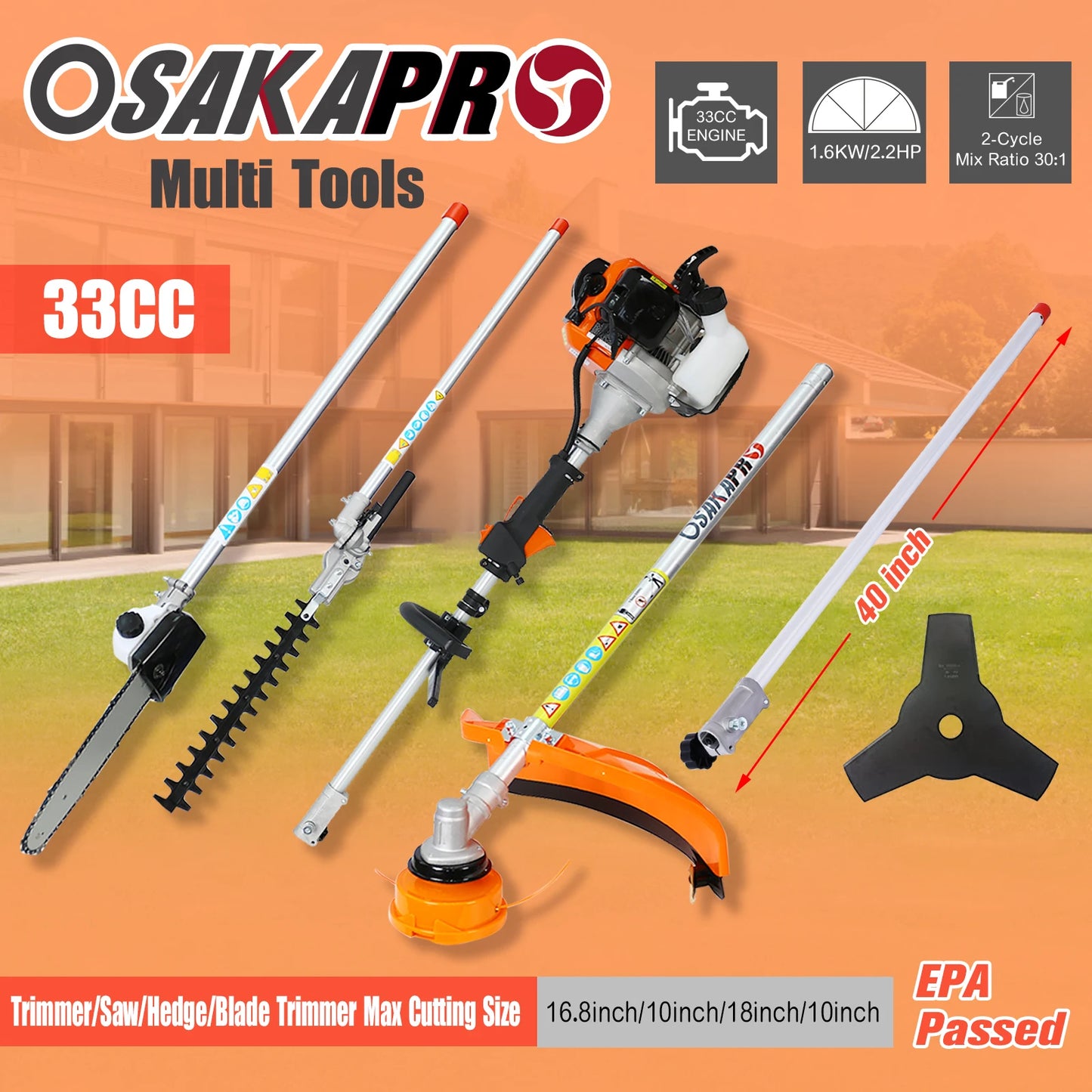 10 in 1 Multi-Functional Trimming Tool, 33CC 2-Cycle Garden Tool System with Gas Pole Saw, Hedge Trimmer, Grass Trimmer, and Bru