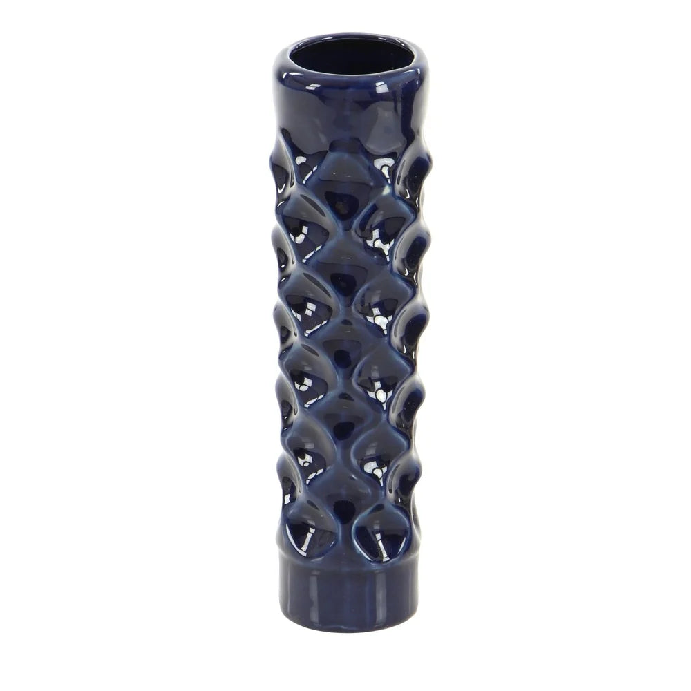 Set of 3 Dark Blue Ceramic Vases Tall Round Cylinder Design Geometric Pattern Stoneware Home Decor Accent Pieces Indoor Use