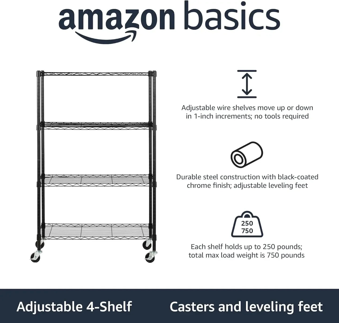 4-Shelf Adjustable, Heavy Duty Storage Shelving Unit on 3'' Wheel Casters, Metal Organizer Wire Rack, 36" L x 14" W x 57.75" H