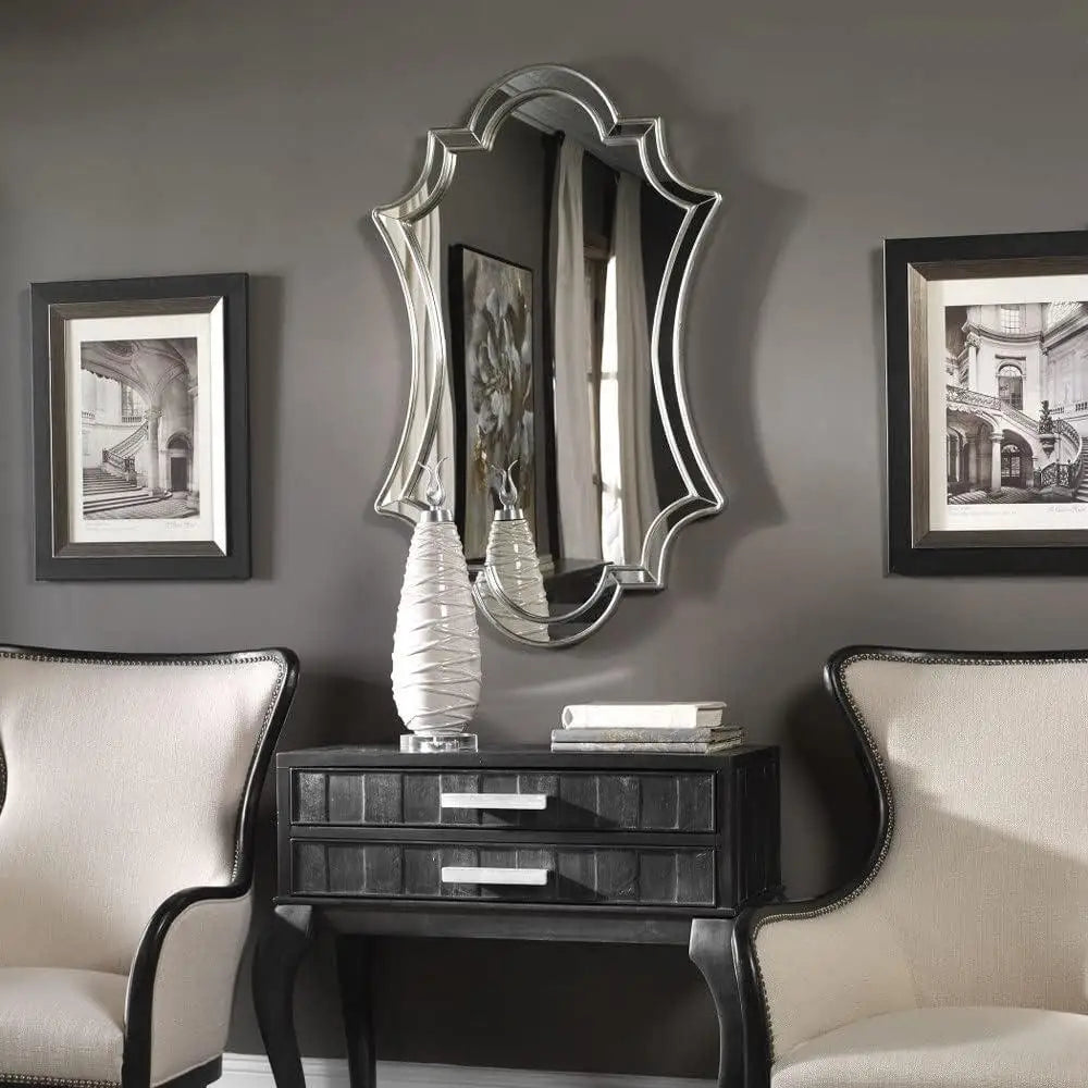 Antique Silver Leaf 43 Inch Mirror Dressing Room Wall Decor Polyurethane Frame Elegant Home Accents Stylish Reflection