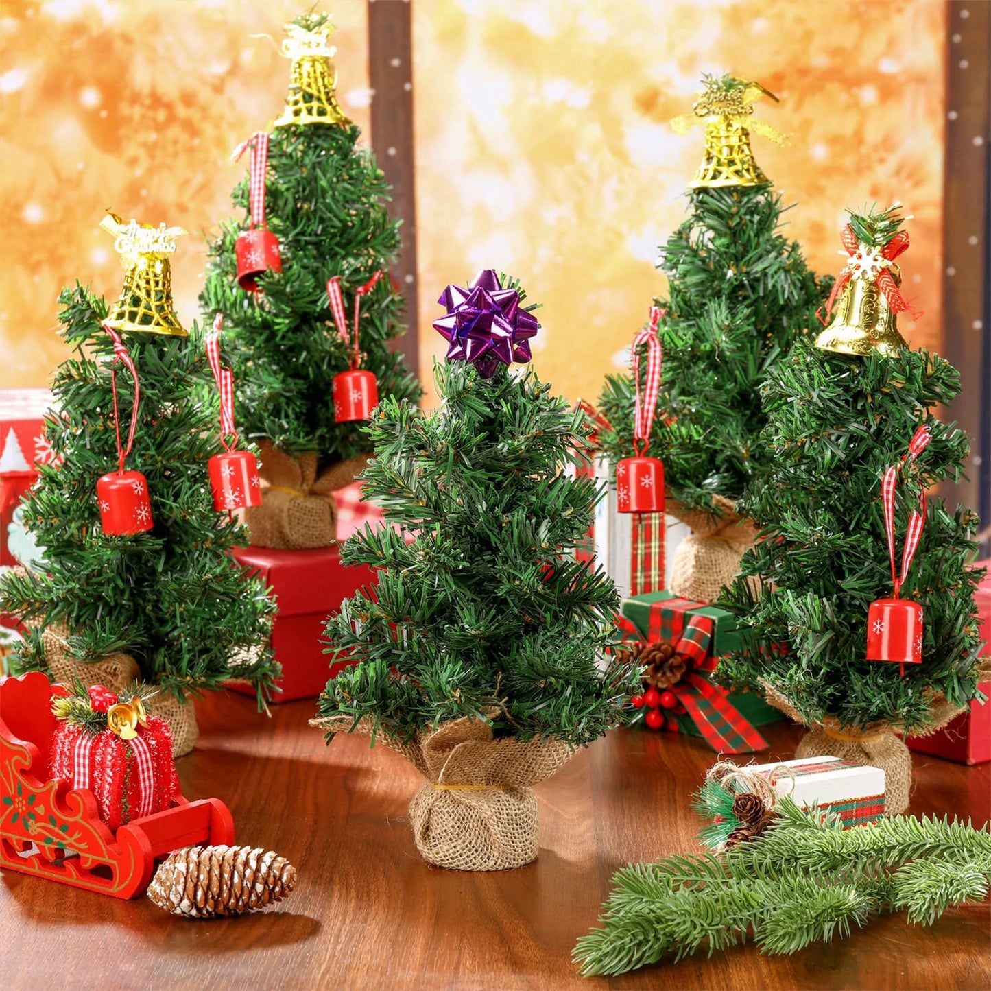 6pcs Mini Christmas Tree With Burlap Base 20cm small trees Decor Desktop Window Display Home Party Christmas Holiday Decoration