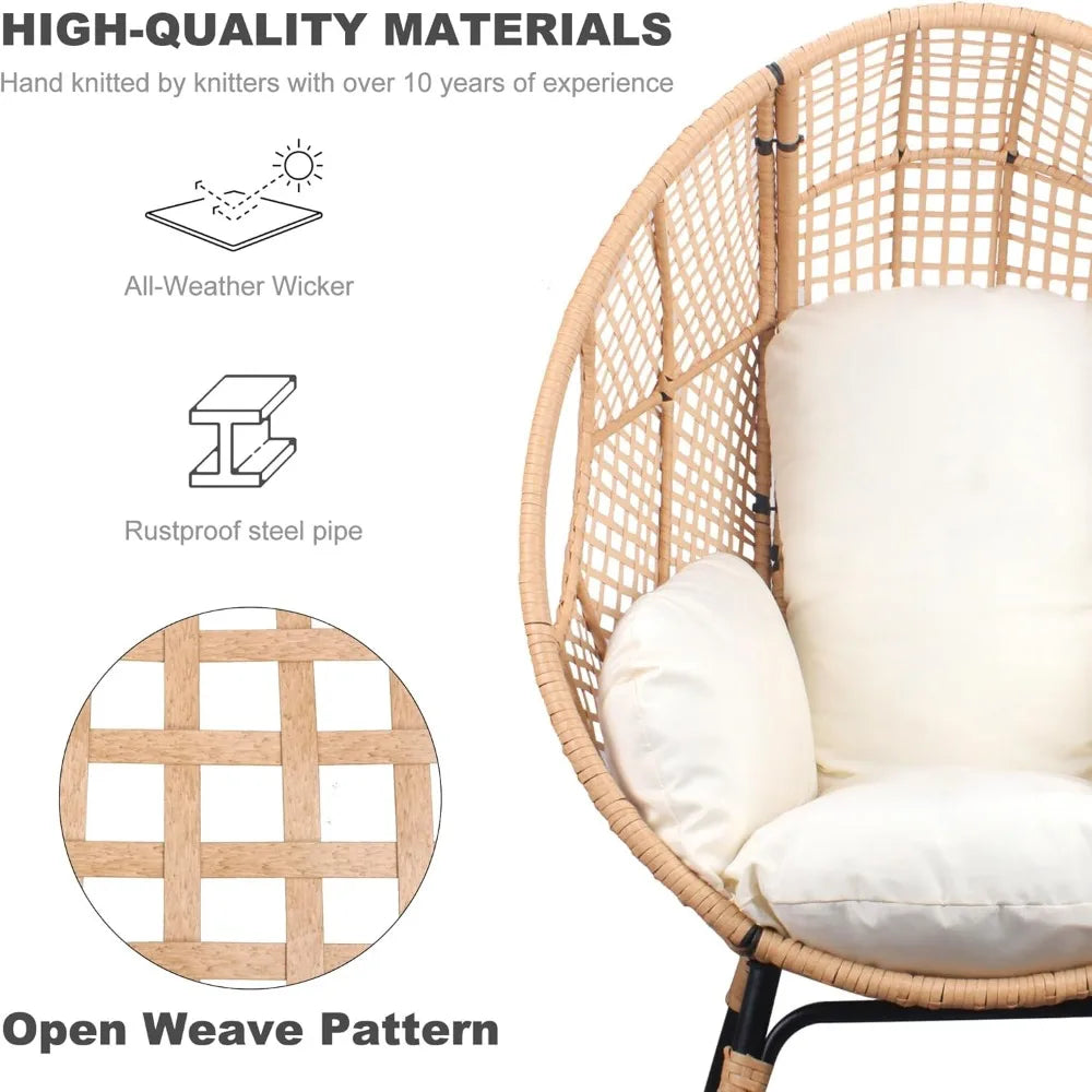 Oversized Wicker Egg Chair Outdoor Indoor Rattan Patio Egg Lounge Chairs with Cushion 500lbs Capacity for Living Room, Balcony,