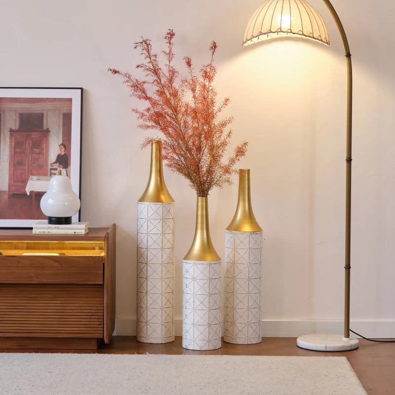Floor Decorated White Set Of 3 Gorgeous Home Decoration Large Glazed Metal Vases 24In/28.7In/33.5In Height