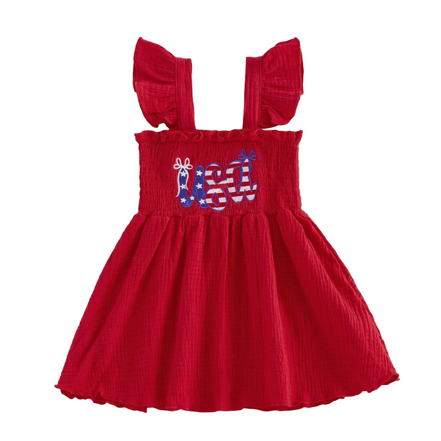 Toddler Girl s 4th of July Dress with Flying Sleeves Square Neckline Embroidered Letters and Smocked A-Line Design for a