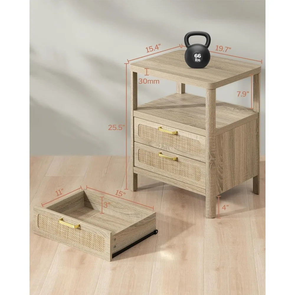 Set of 2 Natural Rattan Nightstands—2 Rattan Drawers + Open Shelf, Farmhouse Wood Bedside End Tables for Bedroom & Living Room