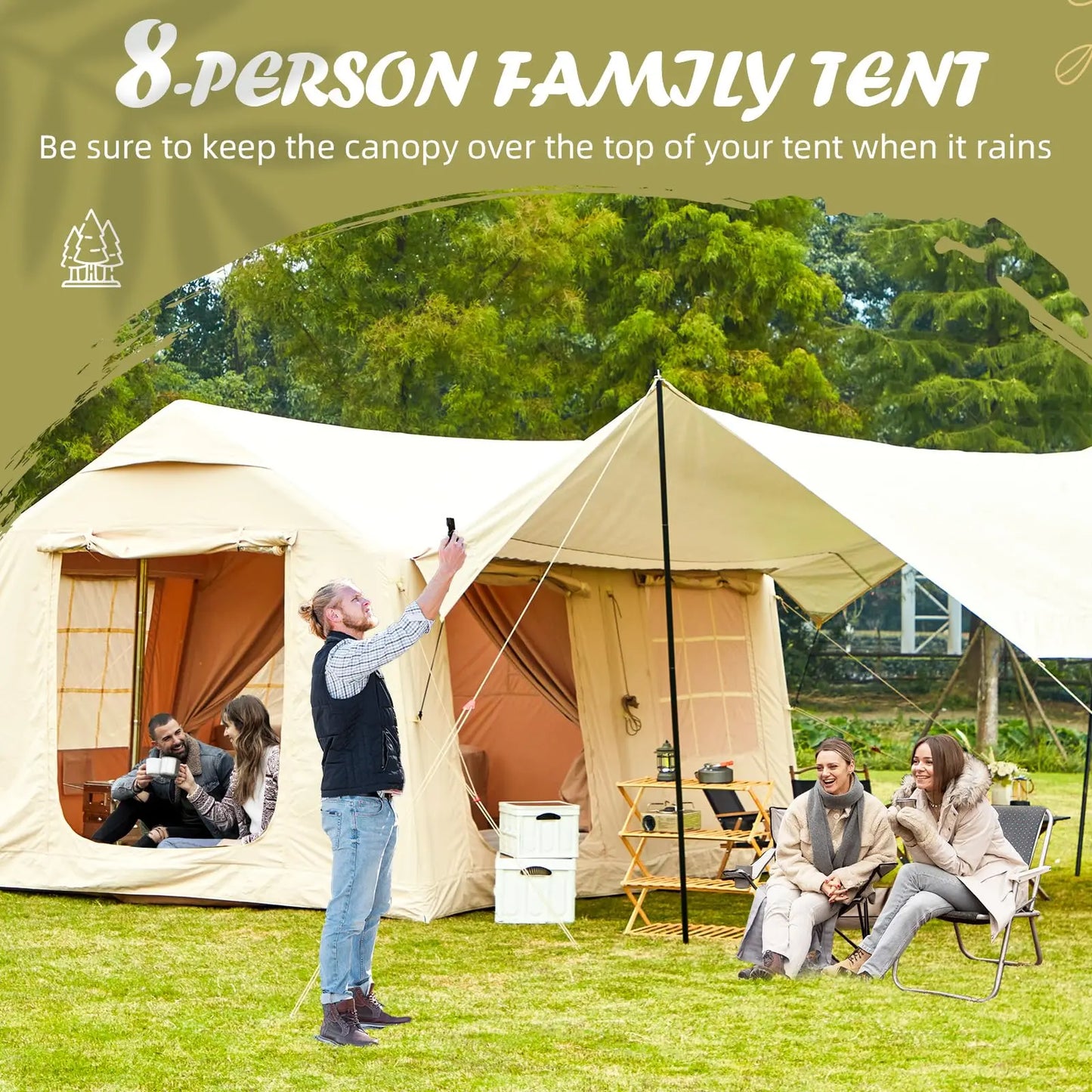 Large Inflatable Camping Tent with Stove Jack, Glamping Inflatable Tents 10-12 people for Camping, Easy Setup Tent