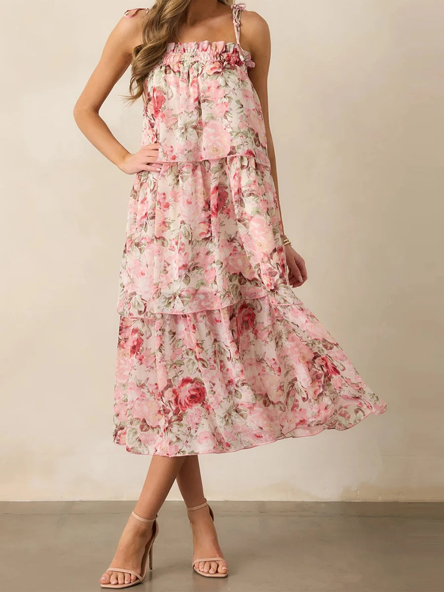 Women s Boho Floral Print Sleeveless Maxi Dress with V-Neckline and Tiered Ruffle Hem for Summer Beach Vacation