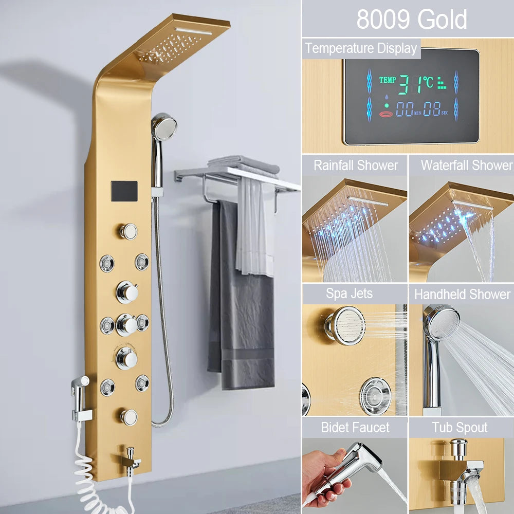 Luxury Bathroom Shower Panel Waterfall Rainfall Shower Head Hot Cold Mixer Tap Bidet Faucet with Handshower Massage Jets Spout