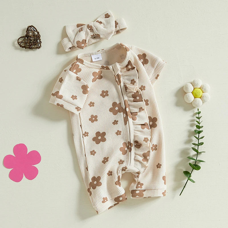 Adorable Infant Girls Floral Print Romper with Matching Headband Cute Ruffled Crew Neck Short Sleeve Outfit for Summer 2