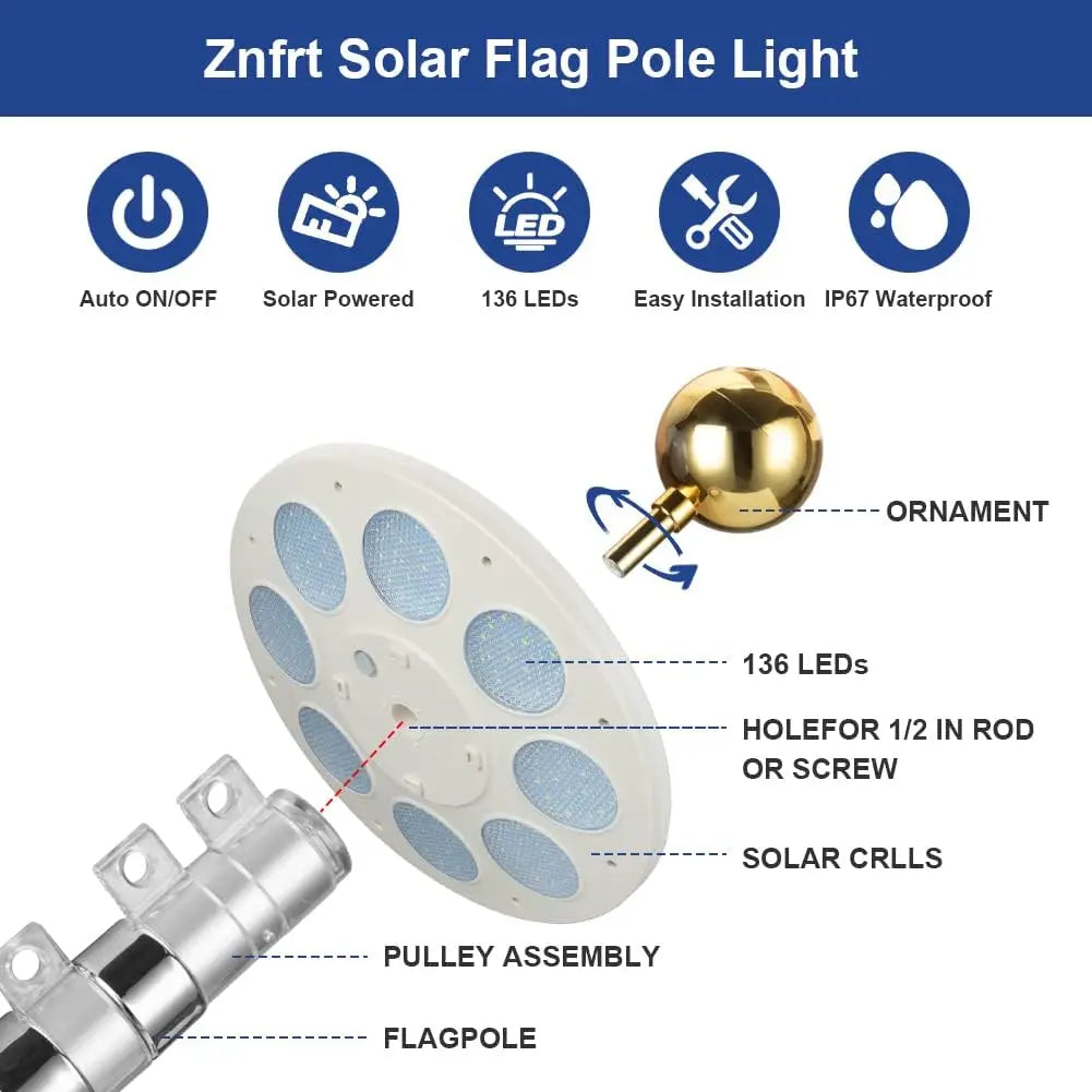 Solar Flag Pole Light,136 LEDs Flagpole Light, Flap Pole Lights for 15-30FT Outside,Auto On/Off Energy Saving Dusk to Dawn