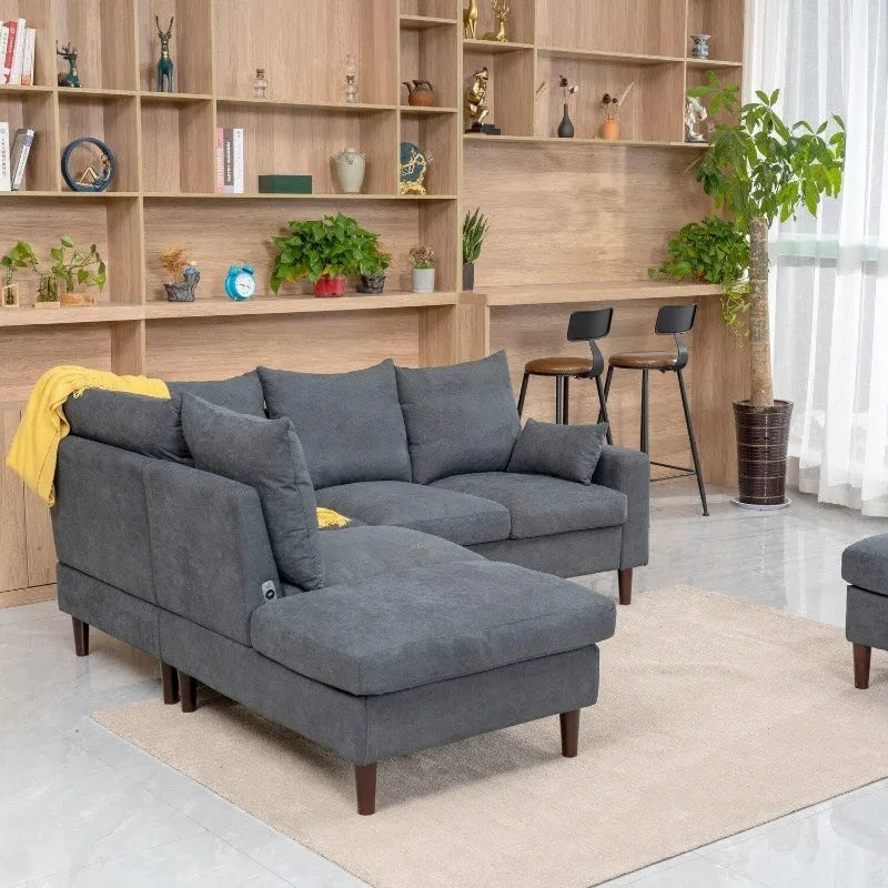 Convertible Sectional Sofa Couch, L-Shaped Corner Couch 4-Seat Sofa withBuilt-in USB Charging Port Chaise, Modern Linen F
