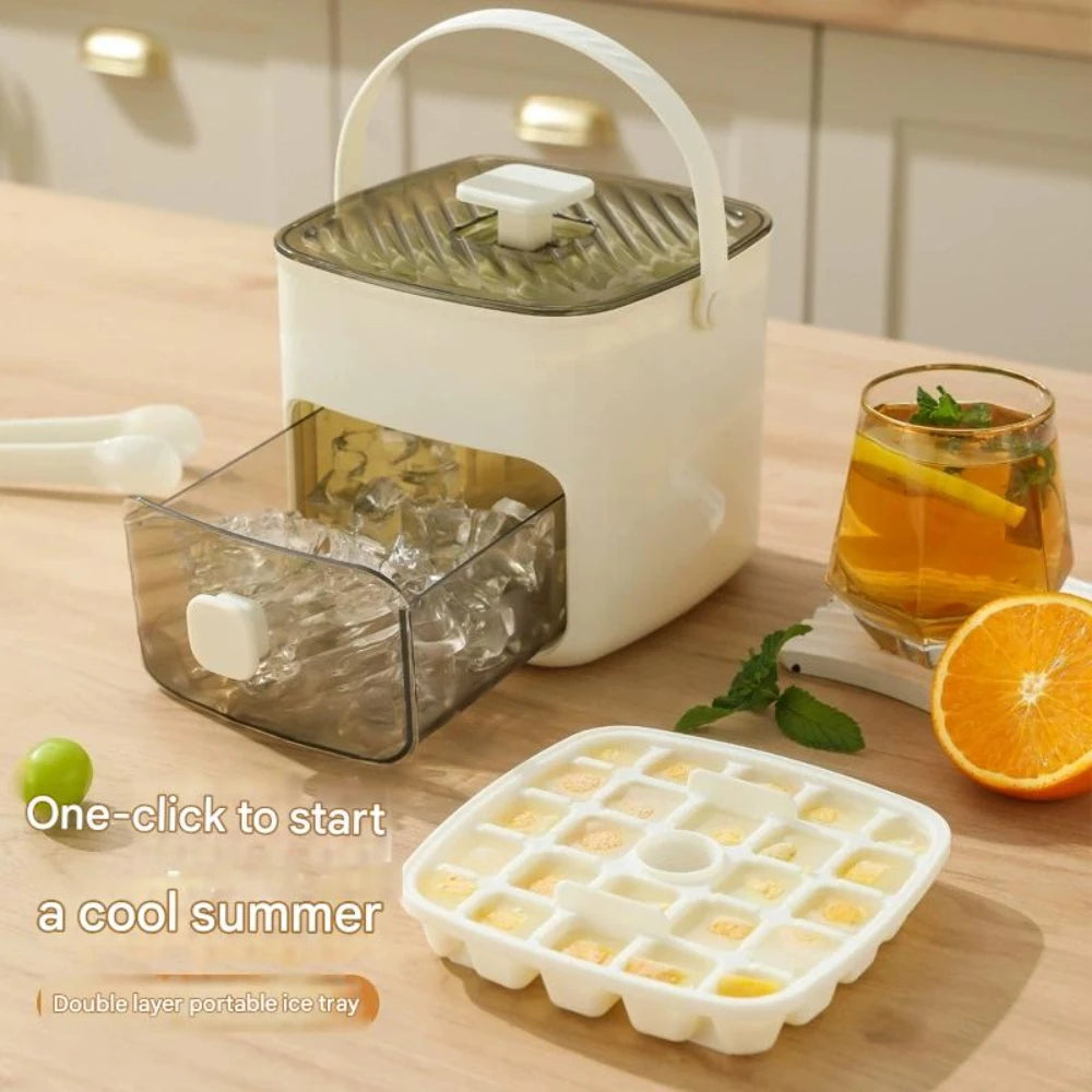 Large Capacity Ice Cube Maker with Double Layer Design, Easy-Press Lid & Plastic Tray - Makes 48 Cubes for Whiskey, Cocktails &