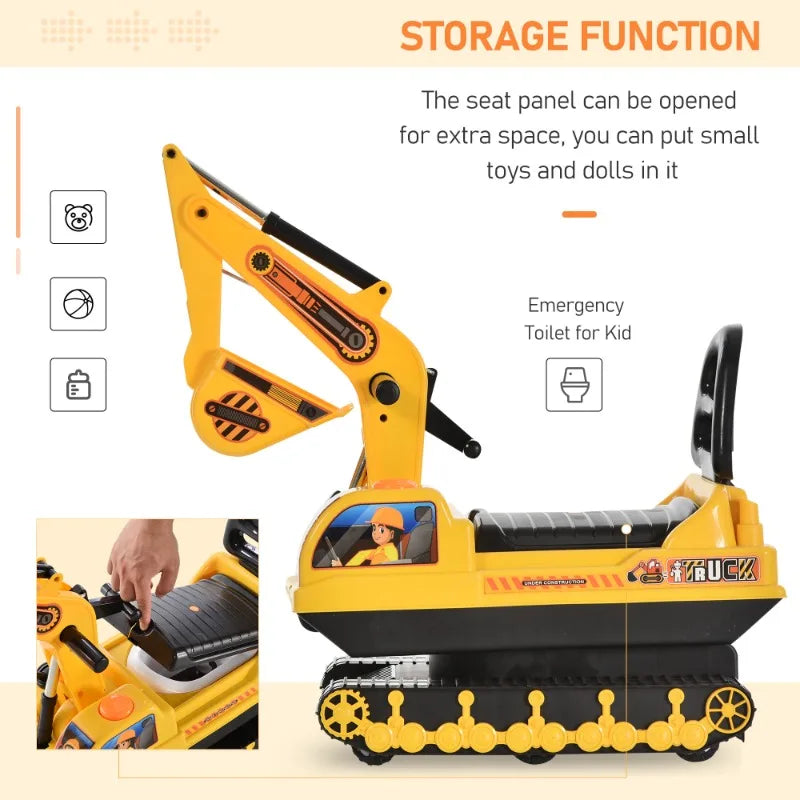 Sit-On Excavator Puller, Children's Excavator Truck with Horn and Underseat Storage, Suitable for Children 18 Months+