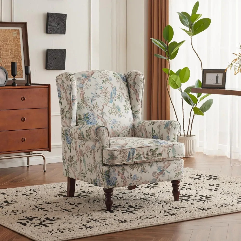 Floral Accent Chair, High Back Upholstered Armchair with Solid Legs, Leisure Single Sofa Chair for Living Room, Bedroom, Home O