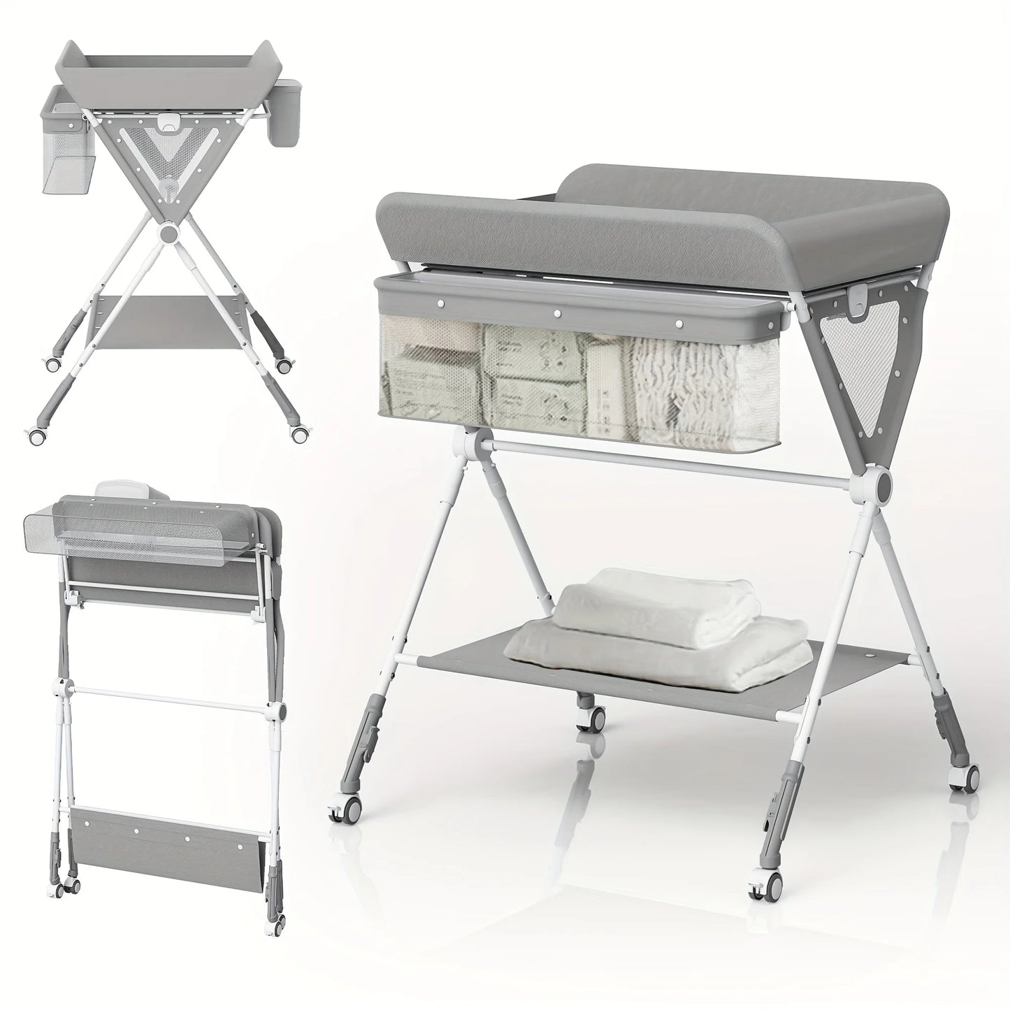 SEJOY Foldable Baby Changing Table Dresser with Wheels with Bottom Rack Side Basket Clothes Rail Infants Portable Diaper Table