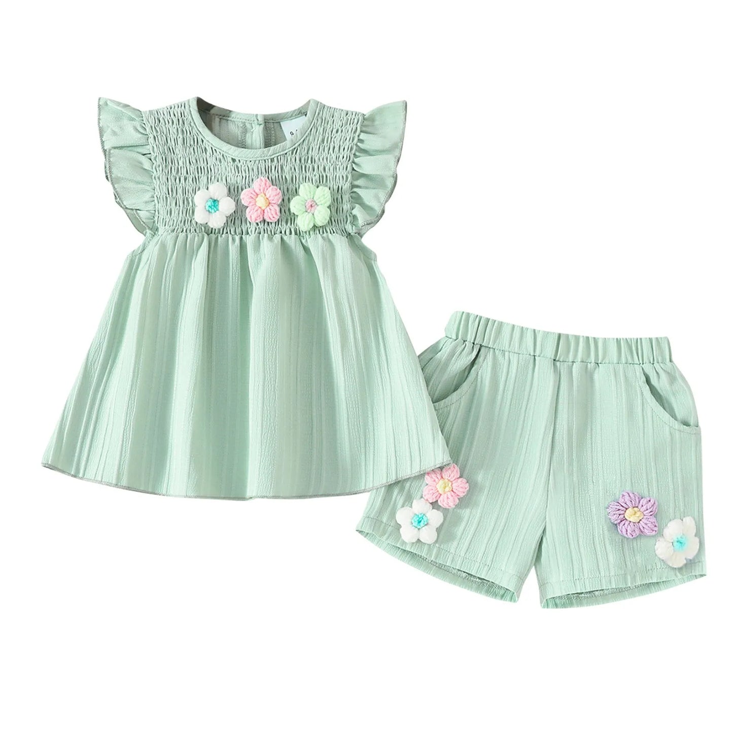 Girls' Summer Fashion Set Children's Flower Print Flying Sleeve Top+Shorts Two Piece Cute Little Girl Refreshing Set