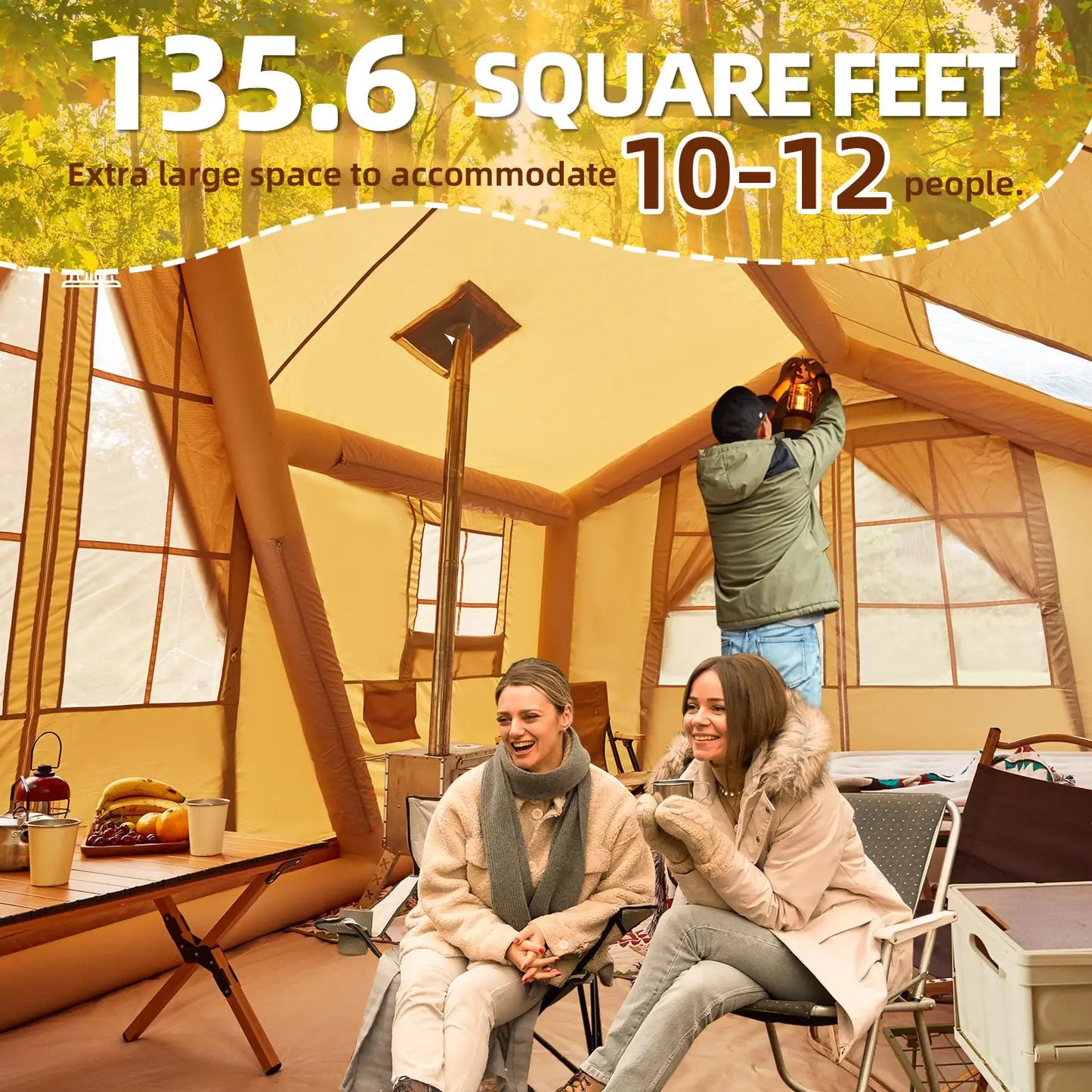 Inflatable Tents for Camping, 8 Person Tent with TPU Skylight, Mesh Windows & Pump, Easy Setup 4 Season Glamping Tent